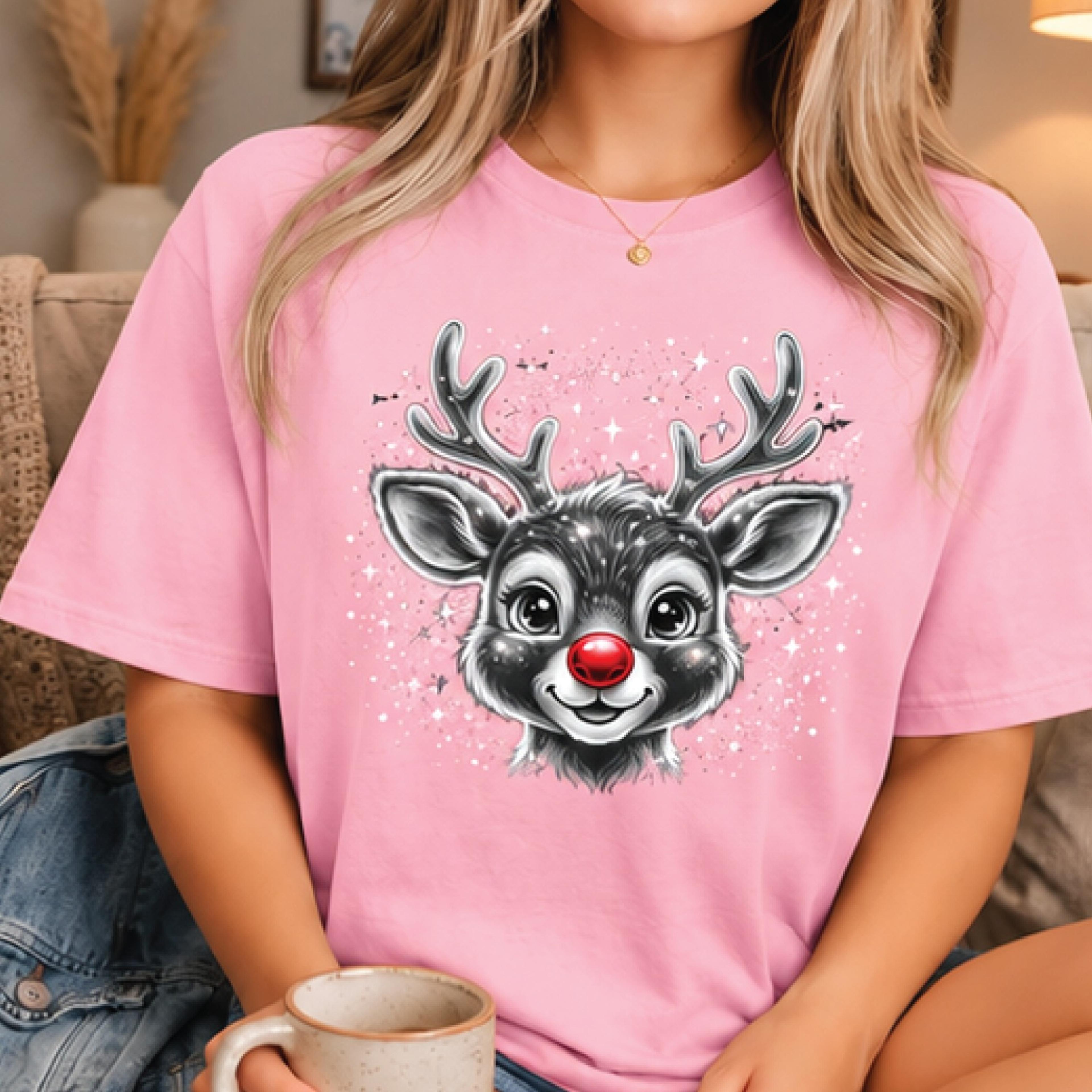 cute rudolph christmas t-shirt, adorable reindeer face graphic tee, sparkly holiday shirt, festive xmas gift