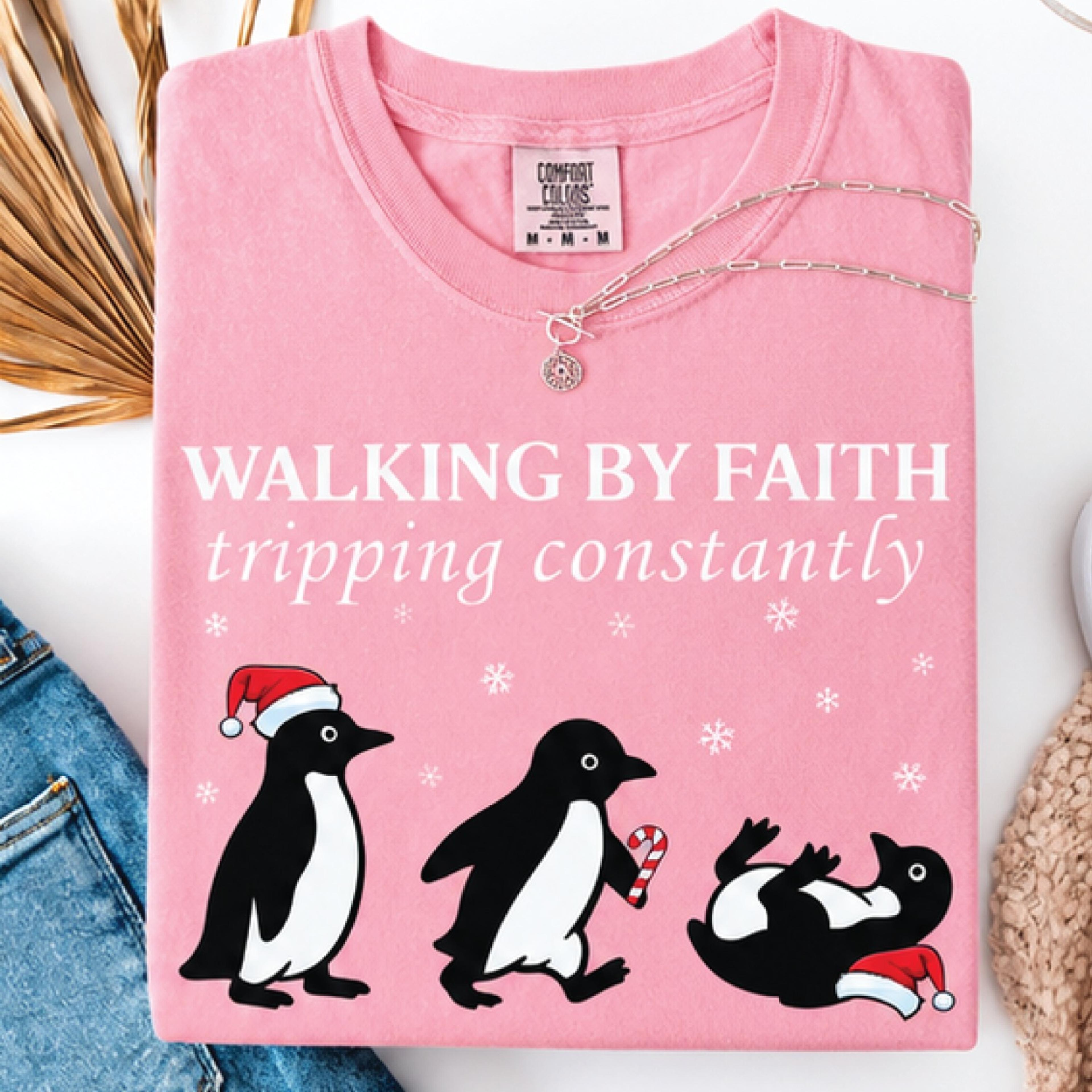 walking by faith tripping constantly christmas t-shirt, funny penguin christian graphic tee, cute holiday faith gift