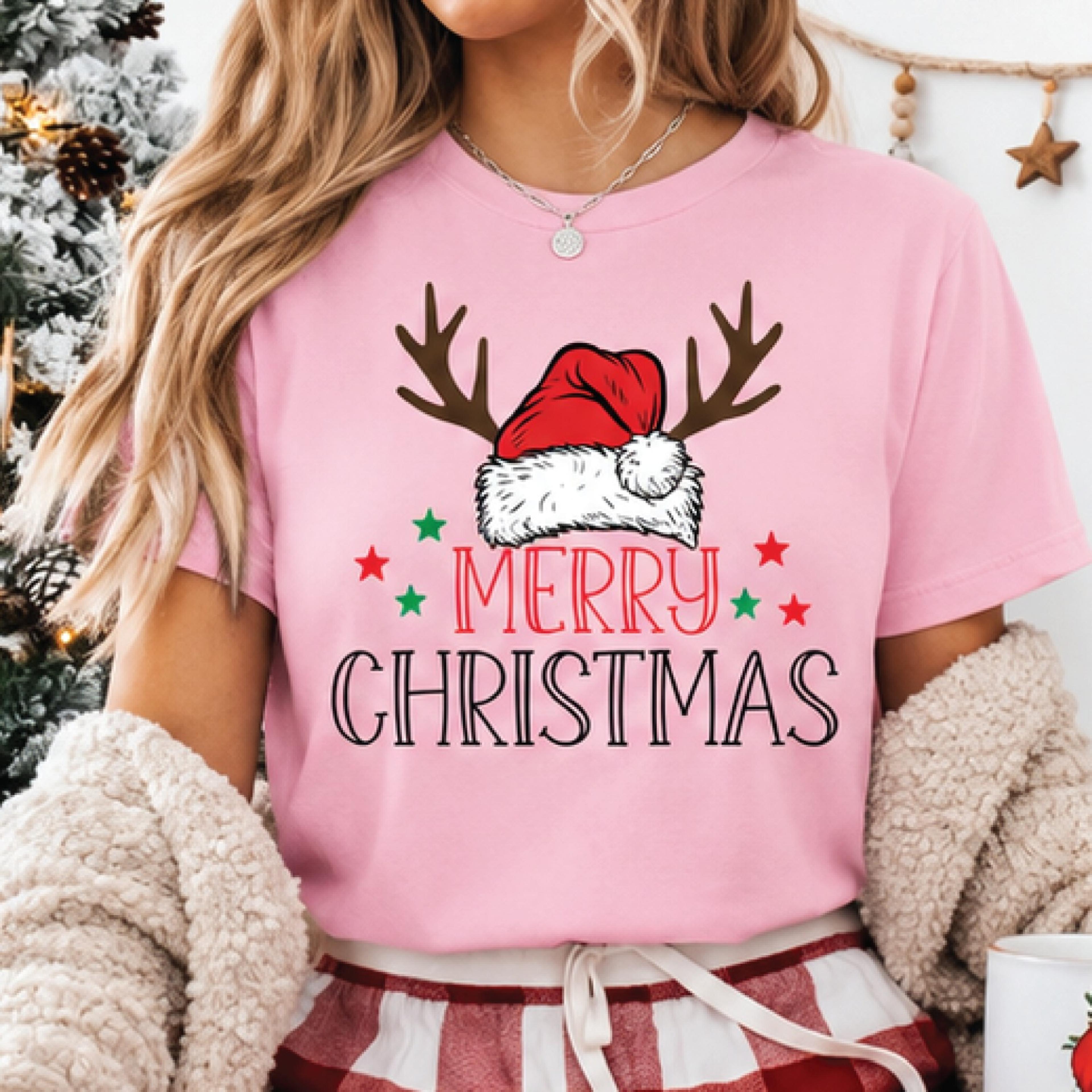 merry christmas reindeer antlers t-shirt, cute santa hat holiday graphic tee, festive xmas shirt, christmas gift for all
