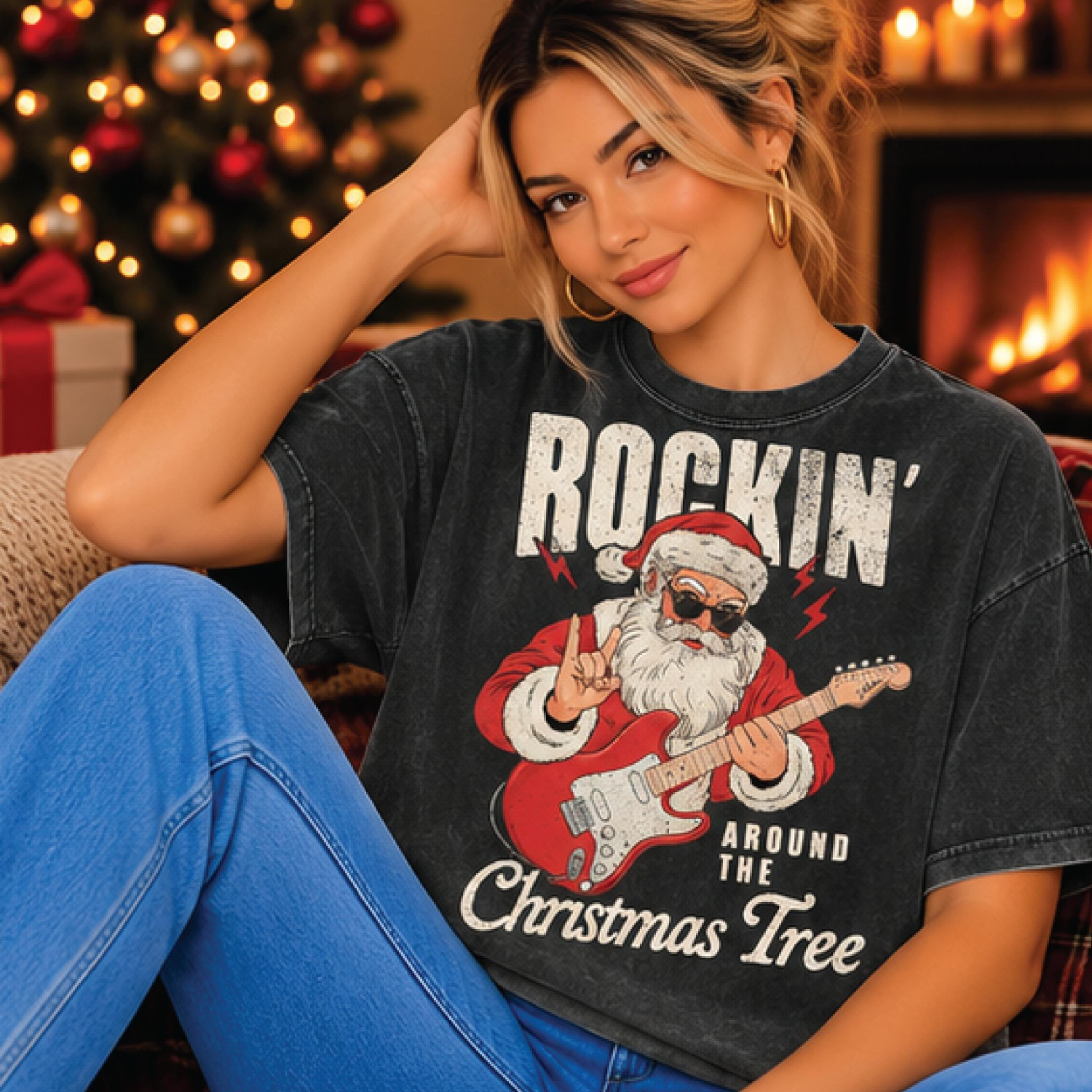 rockin around the christmas tree shirt, retro rock and roll santa guitar graphic tee, funny christmas music lover