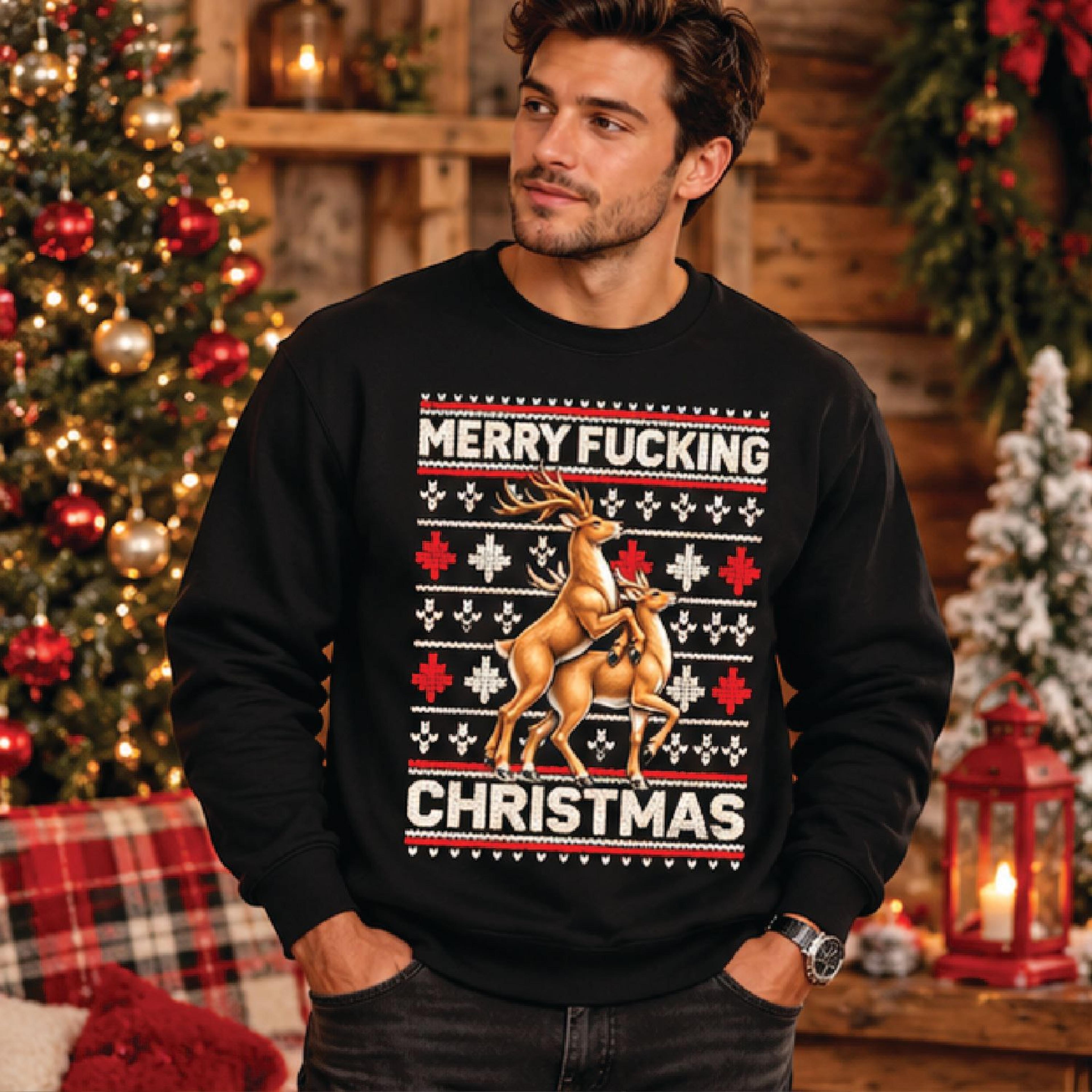 merry fucking christmas reindeer sweatshirt, funny adult ugly christmas sweater, naughty holiday graphic t-shirt, unisex