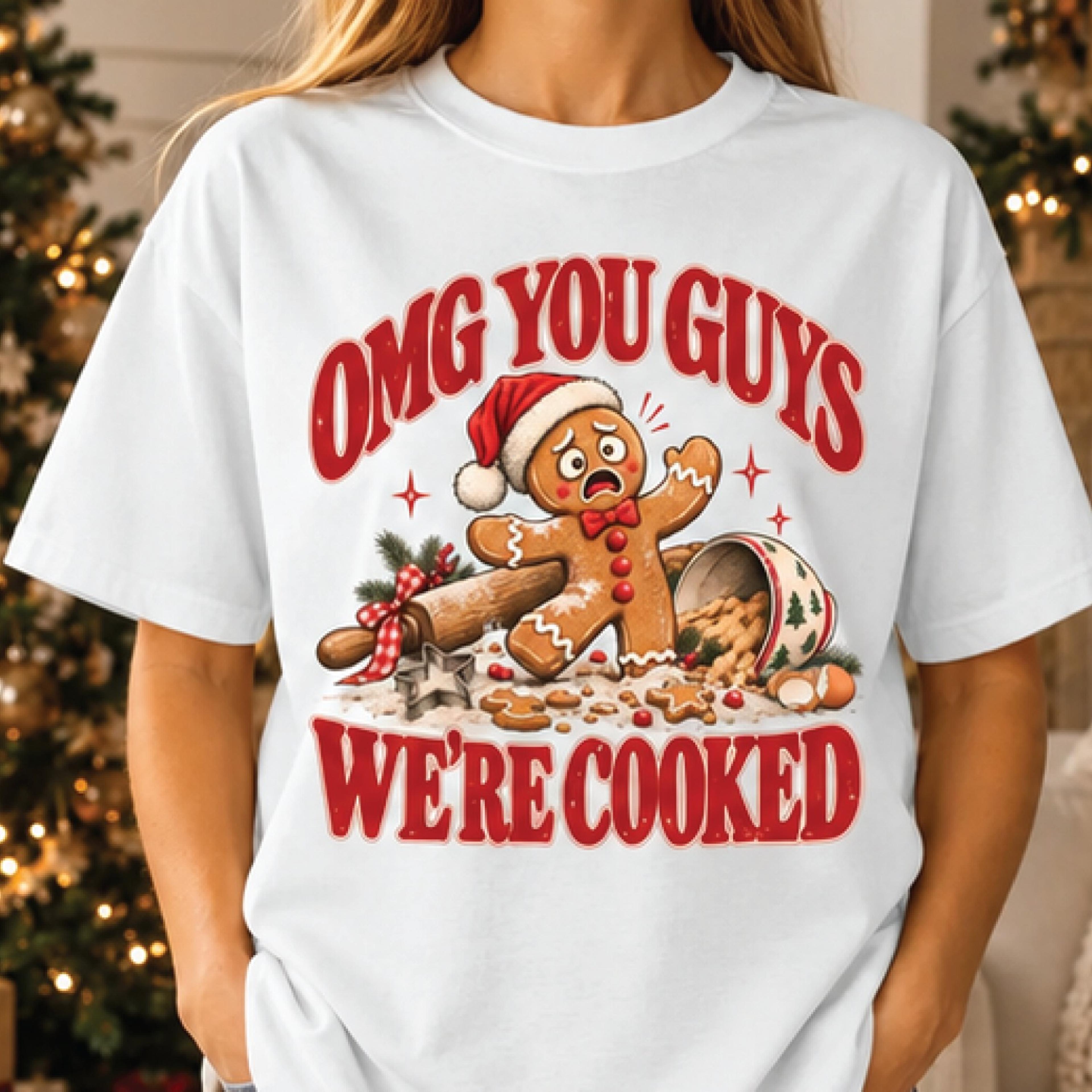 omg you guys we're cooked christmas shirt, funny gingerbread man graphic tee, sarcastic holiday baking t-shirt, xmas