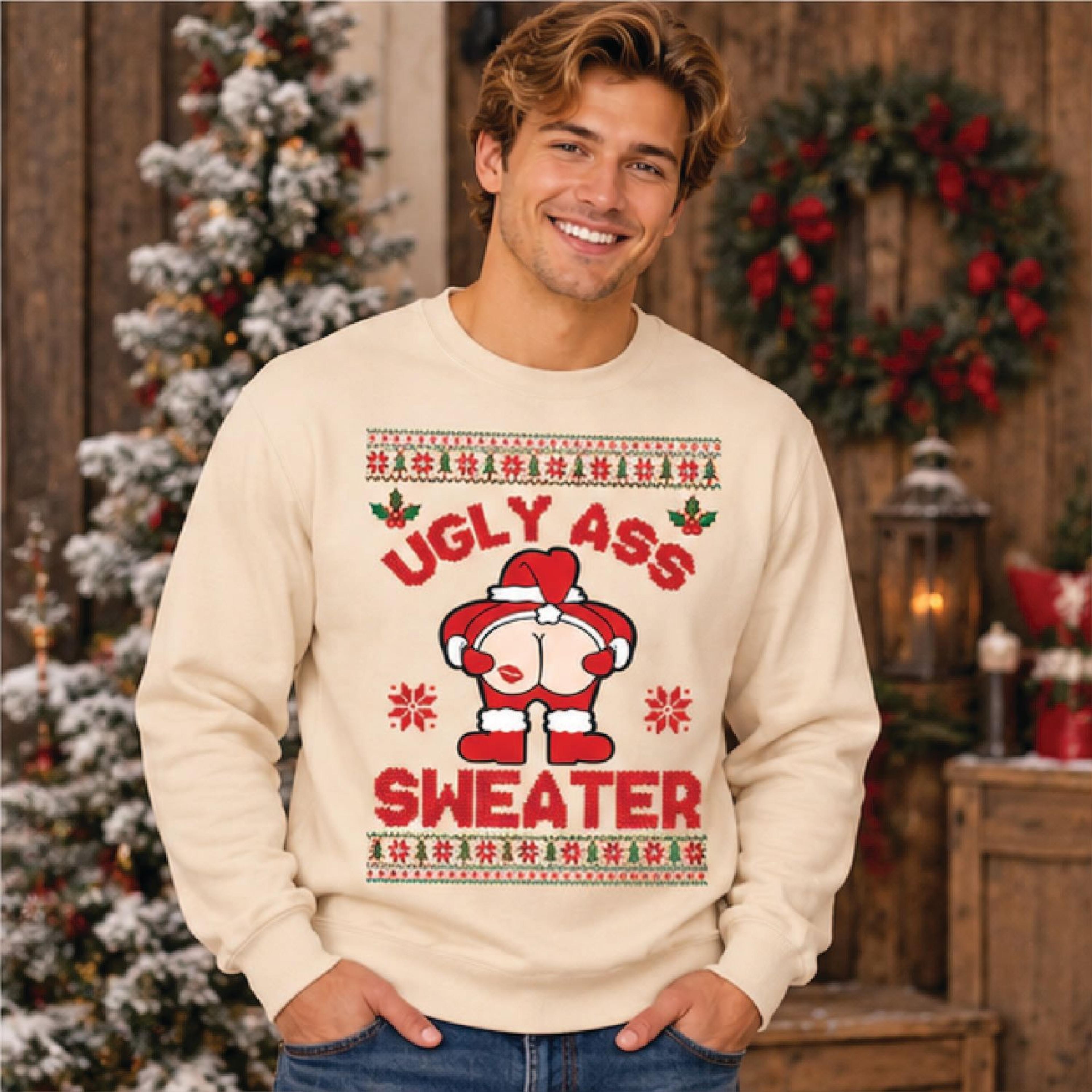 ugly ass sweater christmas sweatshirt, funny santa butt holiday t-shirt, naughty ugly christmas sweater, adult humor
