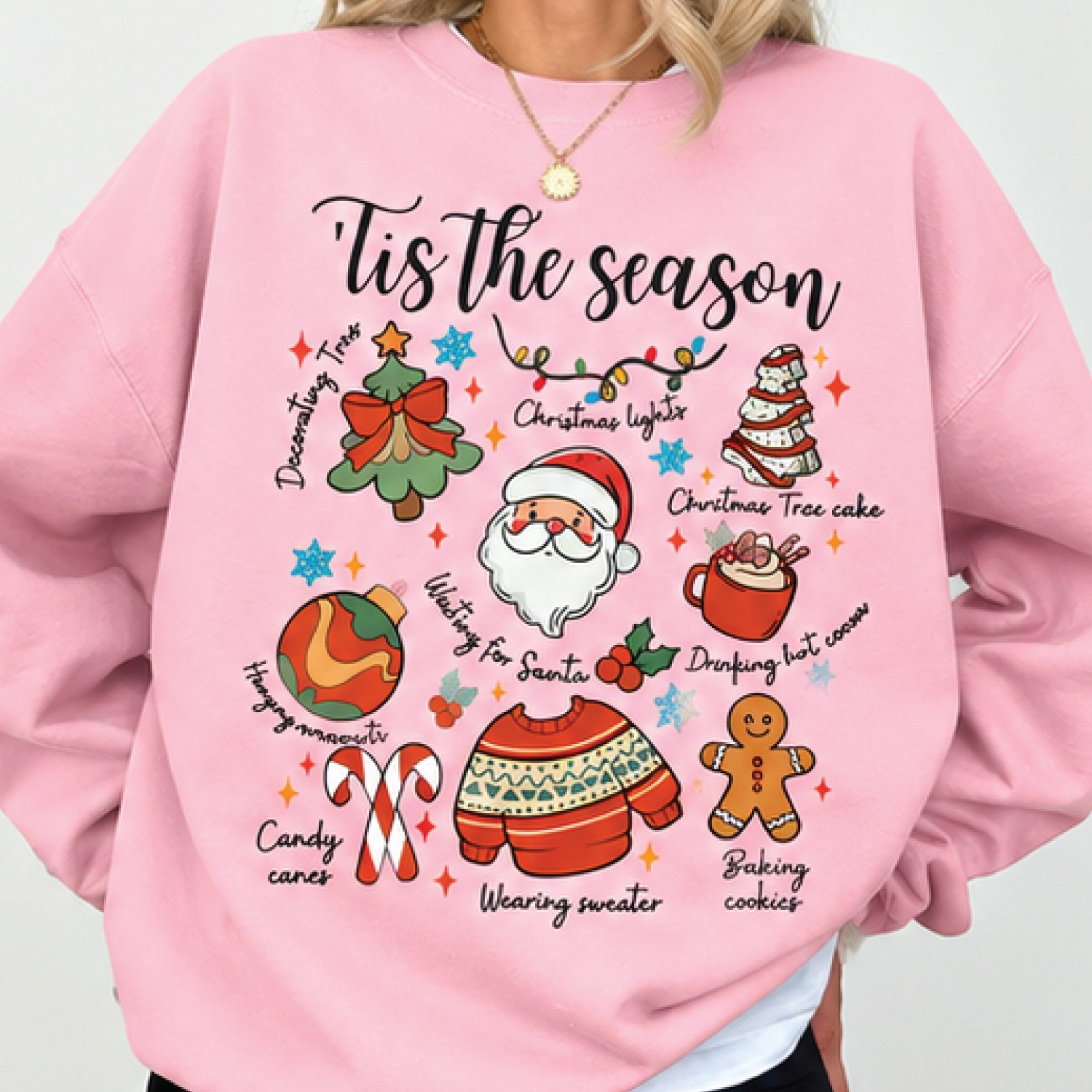 tis the season christmas sweatshirt, cute holiday traditions graphic sweater, santa gingerbread christmas lights cozy