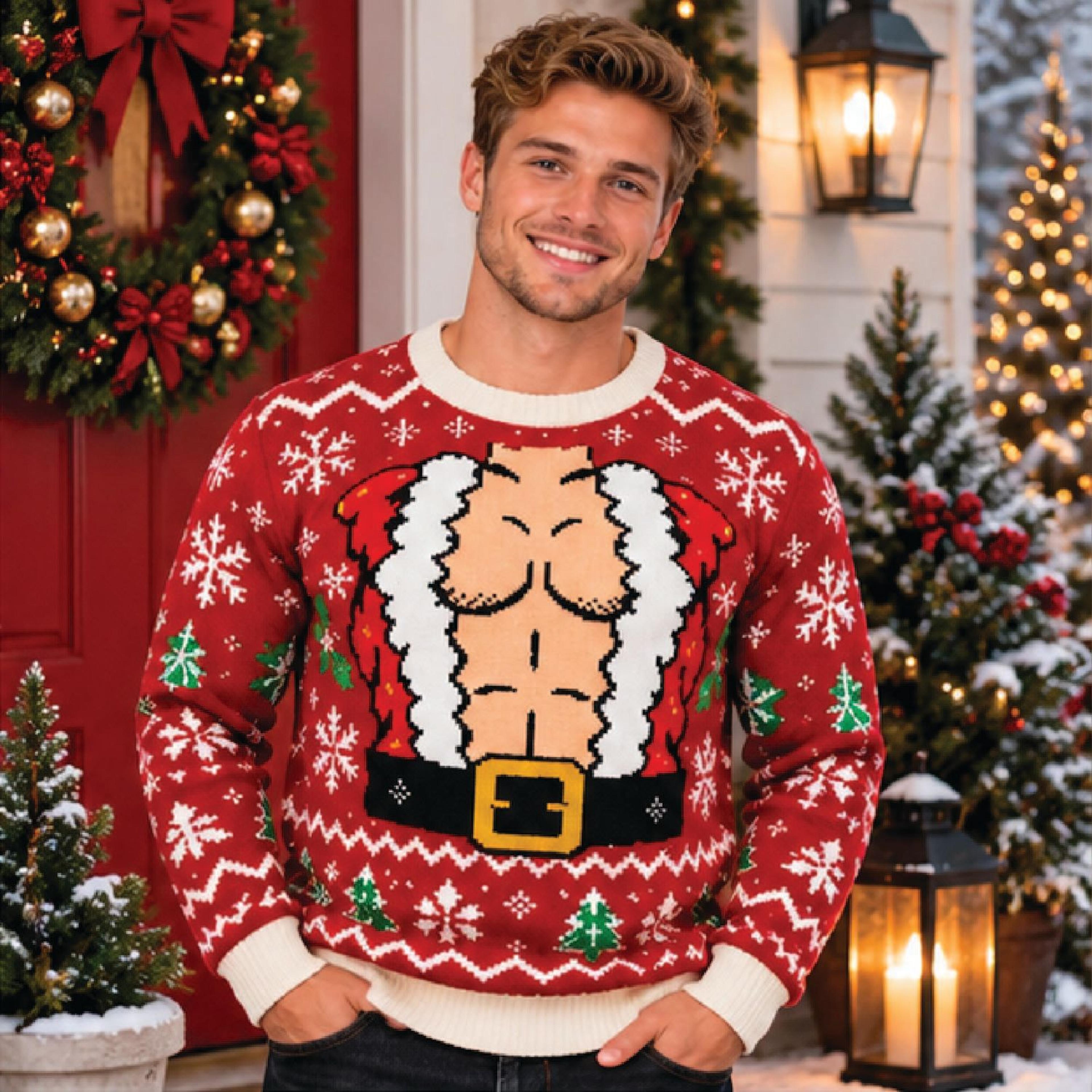 funny santa abs ugly christmas sweater, sexy santa six pack holiday sweatshirt, unisex xmas party jumper, novelty gift