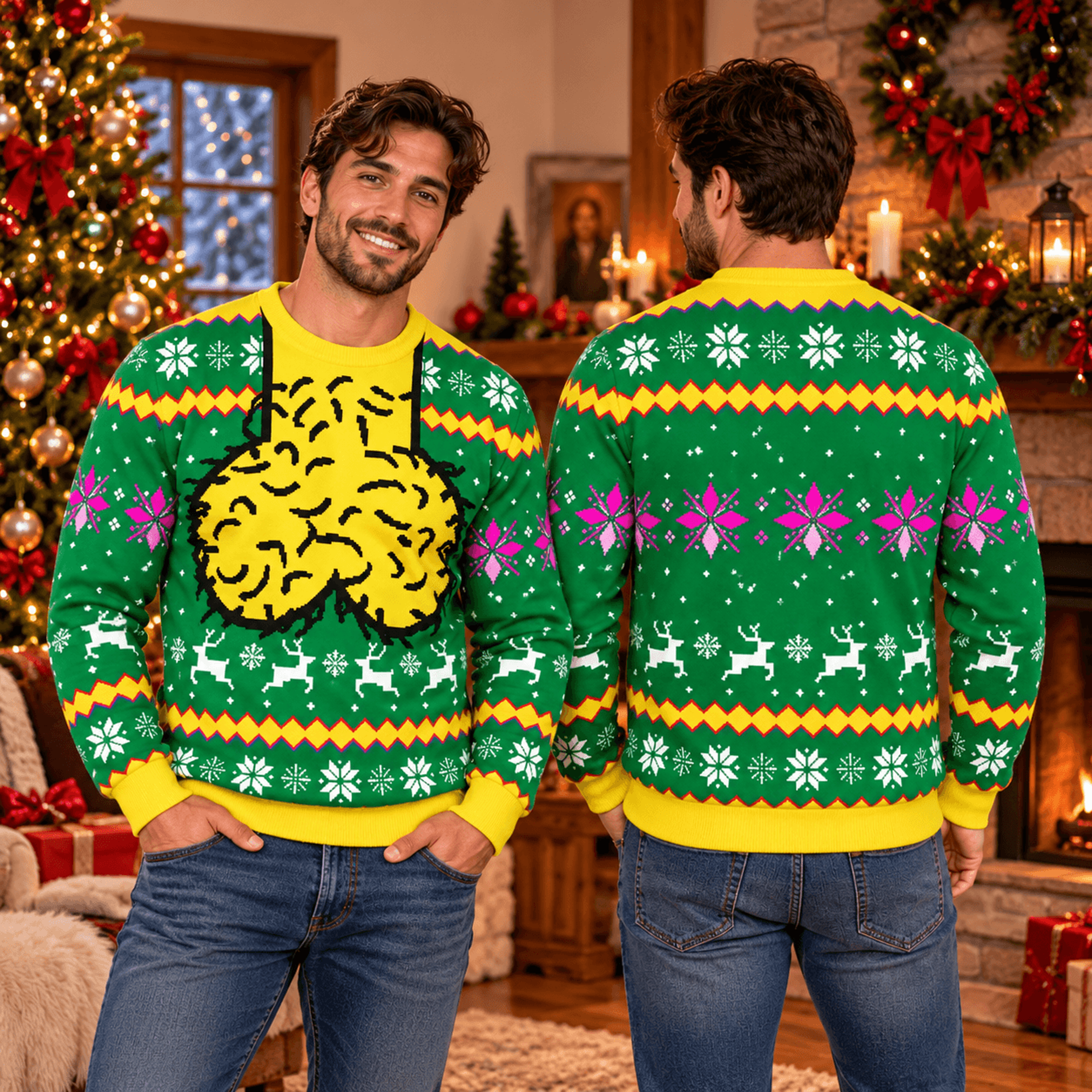 funny brain christmas ugly sweater, hanging brain holiday jumper, novelty xmas sweatshirt for men, festive party gift