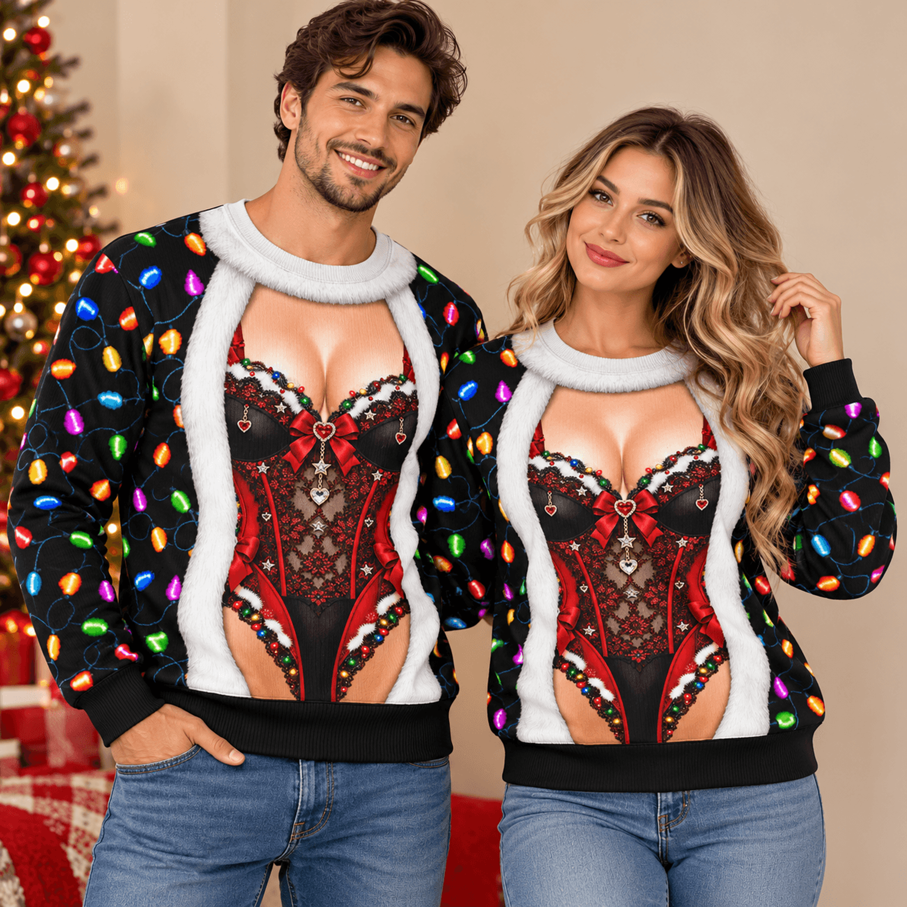 matching couples christmas sweatshirts, sexy santa lingerie illusion ugly xmas sweater, funny his and hers holiday party