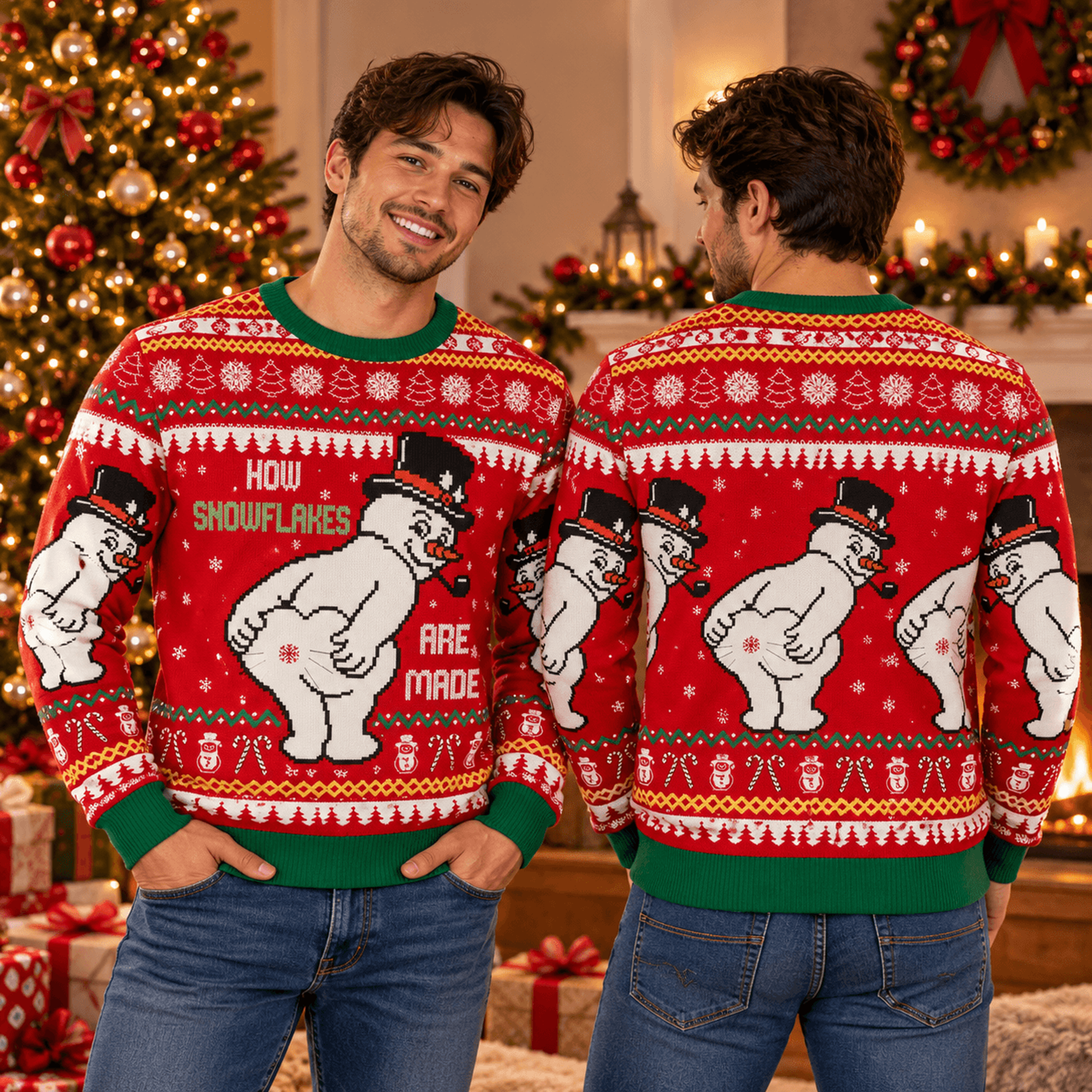 funny how snowflakes are made christmas sweatshirt, naughty snowman ugly xmas sweater, men's holiday party outfit