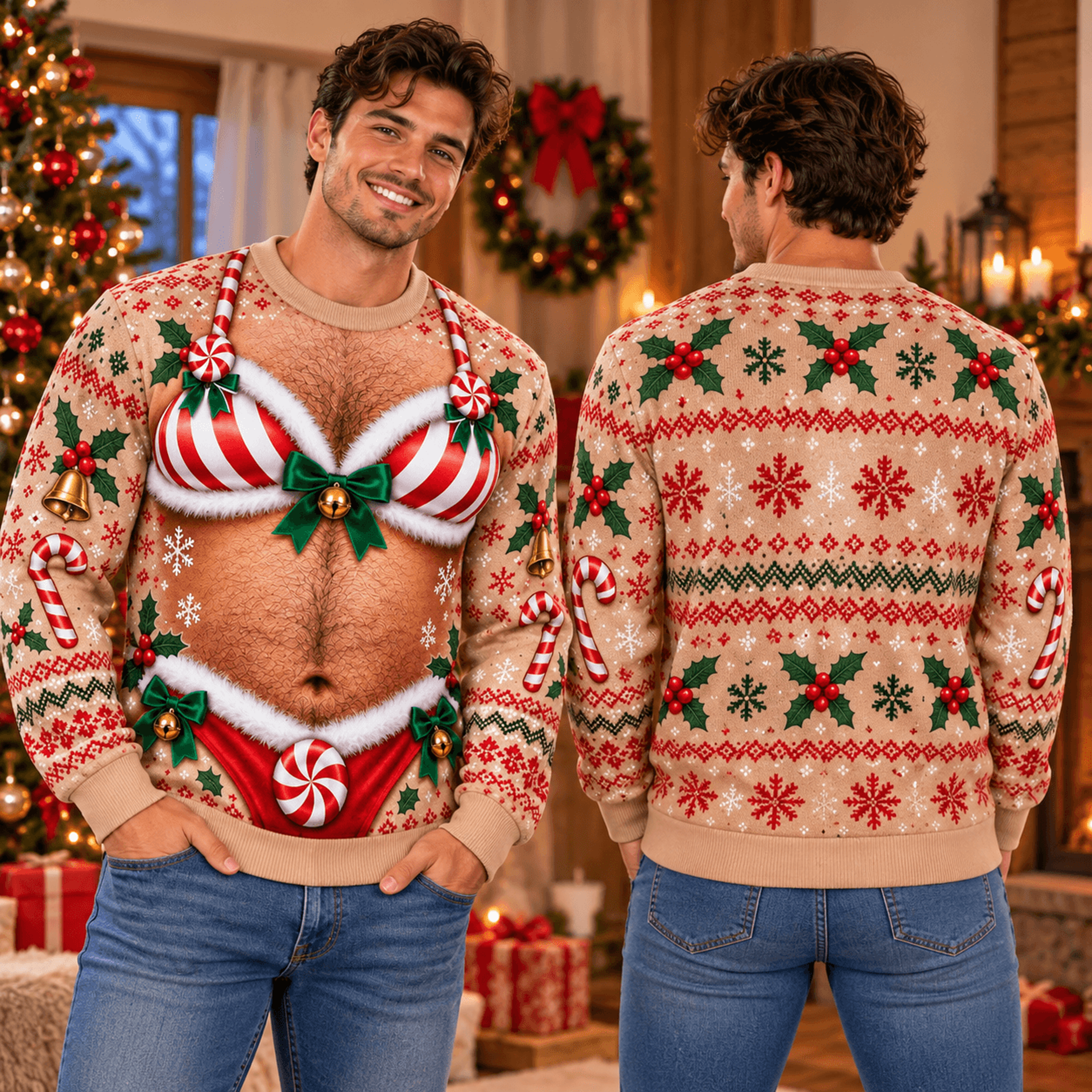 funny men's christmas bikini sweatshirt, naughty ugly christmas sweater, candy cane bra chest illusion, adult holiday