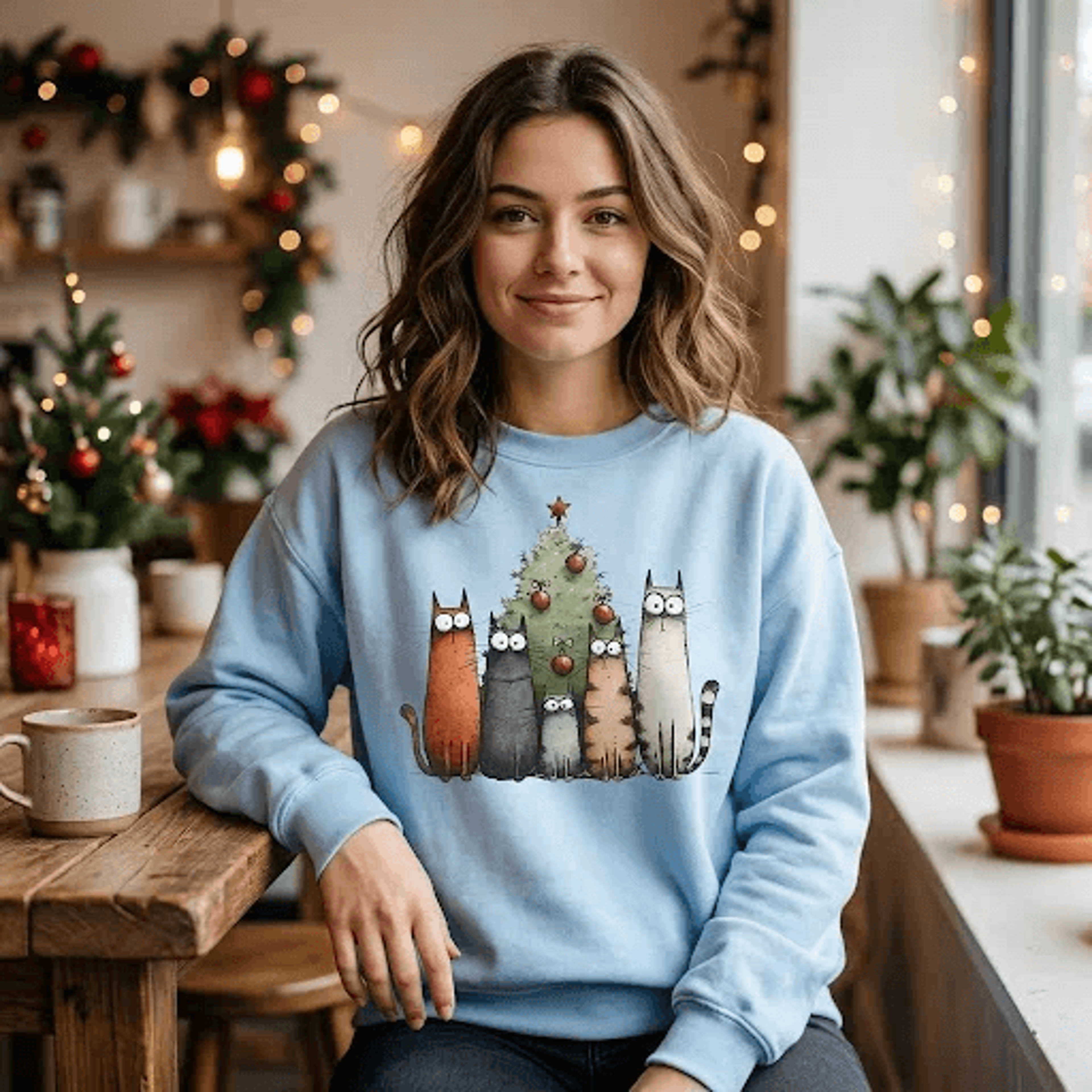 christmas cats sweatshirt, funny four cats christmas tree graphic crewneck, cute cat lover holiday gift, unisex festive