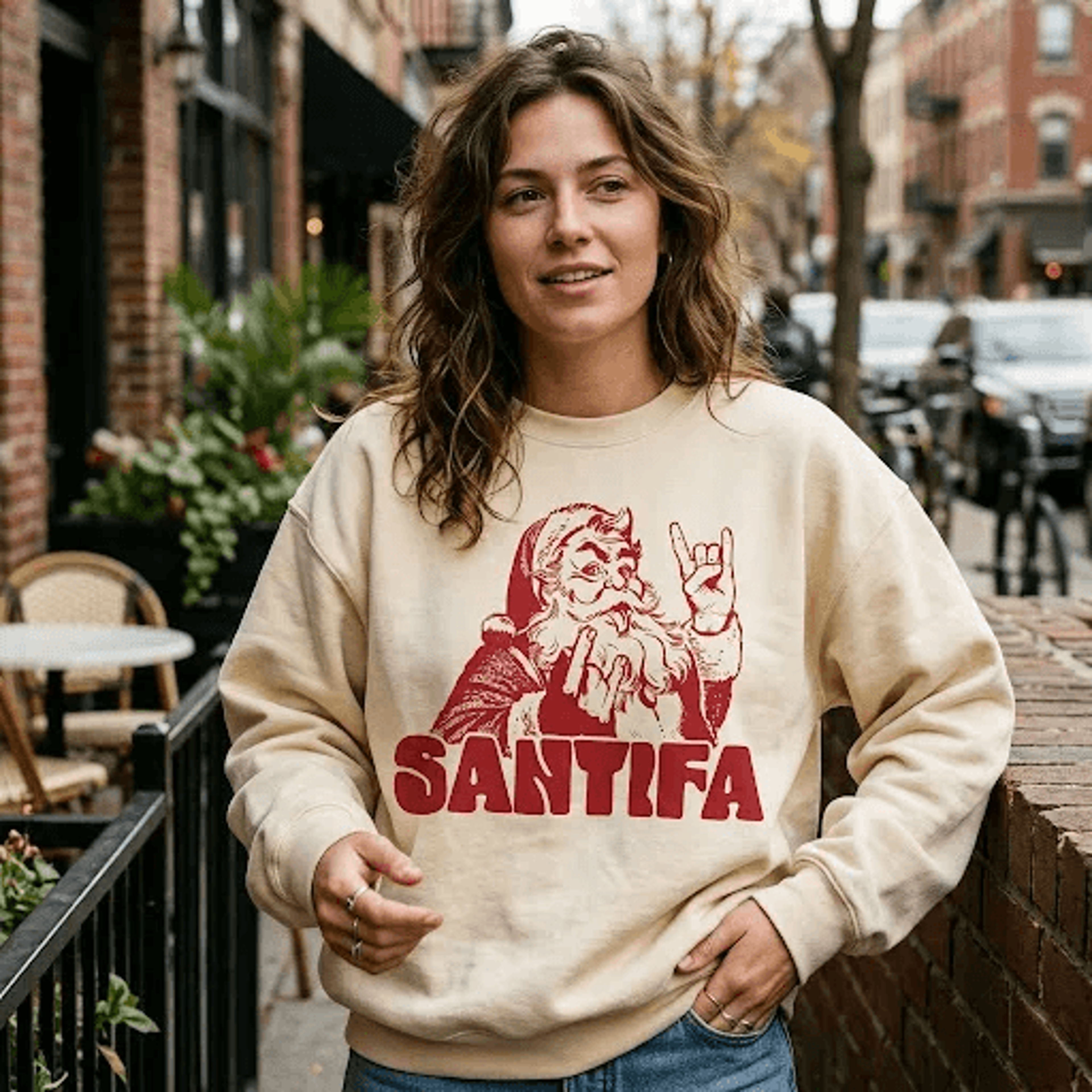 santifa santa christmas sweatshirt, funny rock hand santa graphic crewneck, vintage retro holiday shirt, unisex
