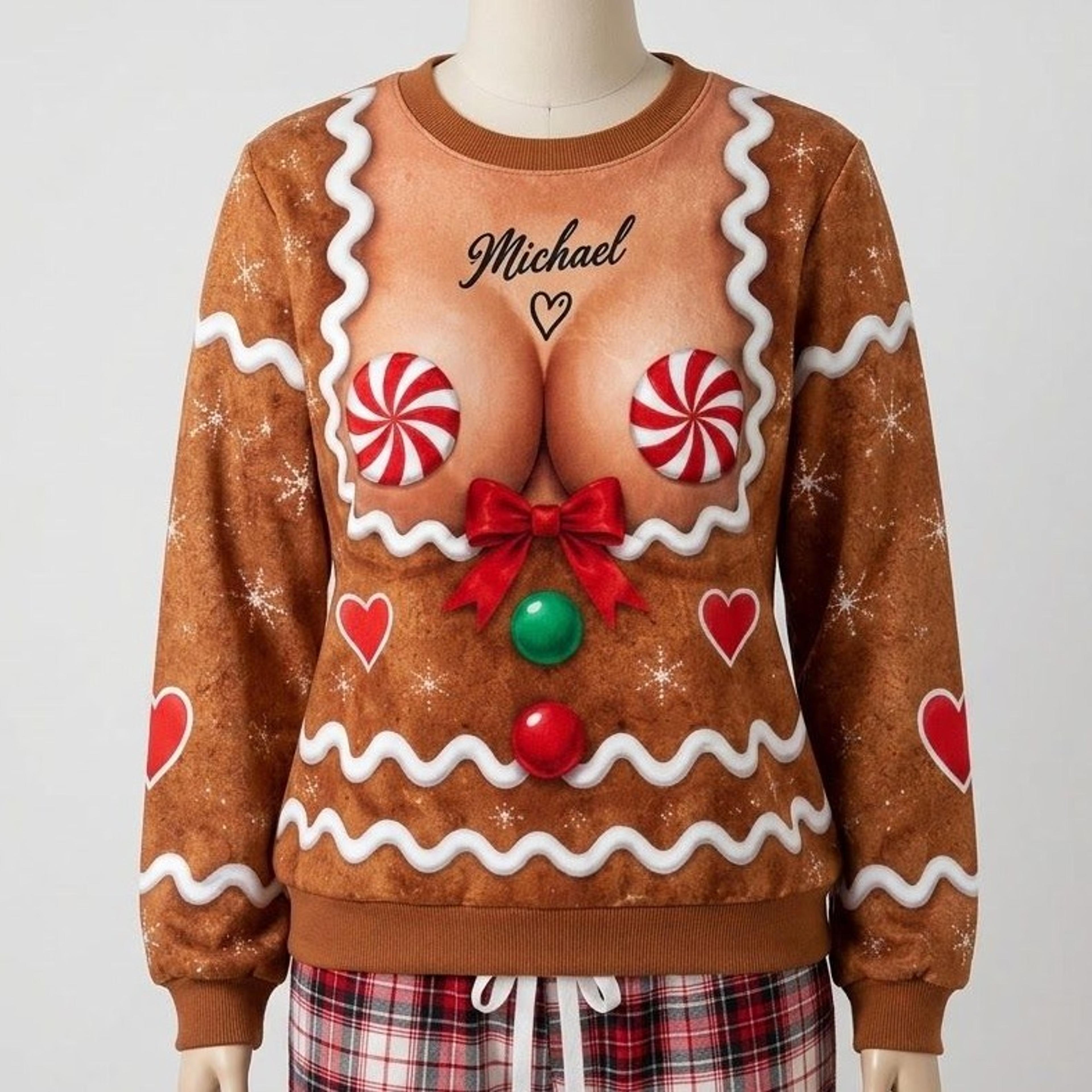 personalized gingerbread woman christmas sweatshirt, funny candy body illusion ugly xmas sweater, custom name holiday