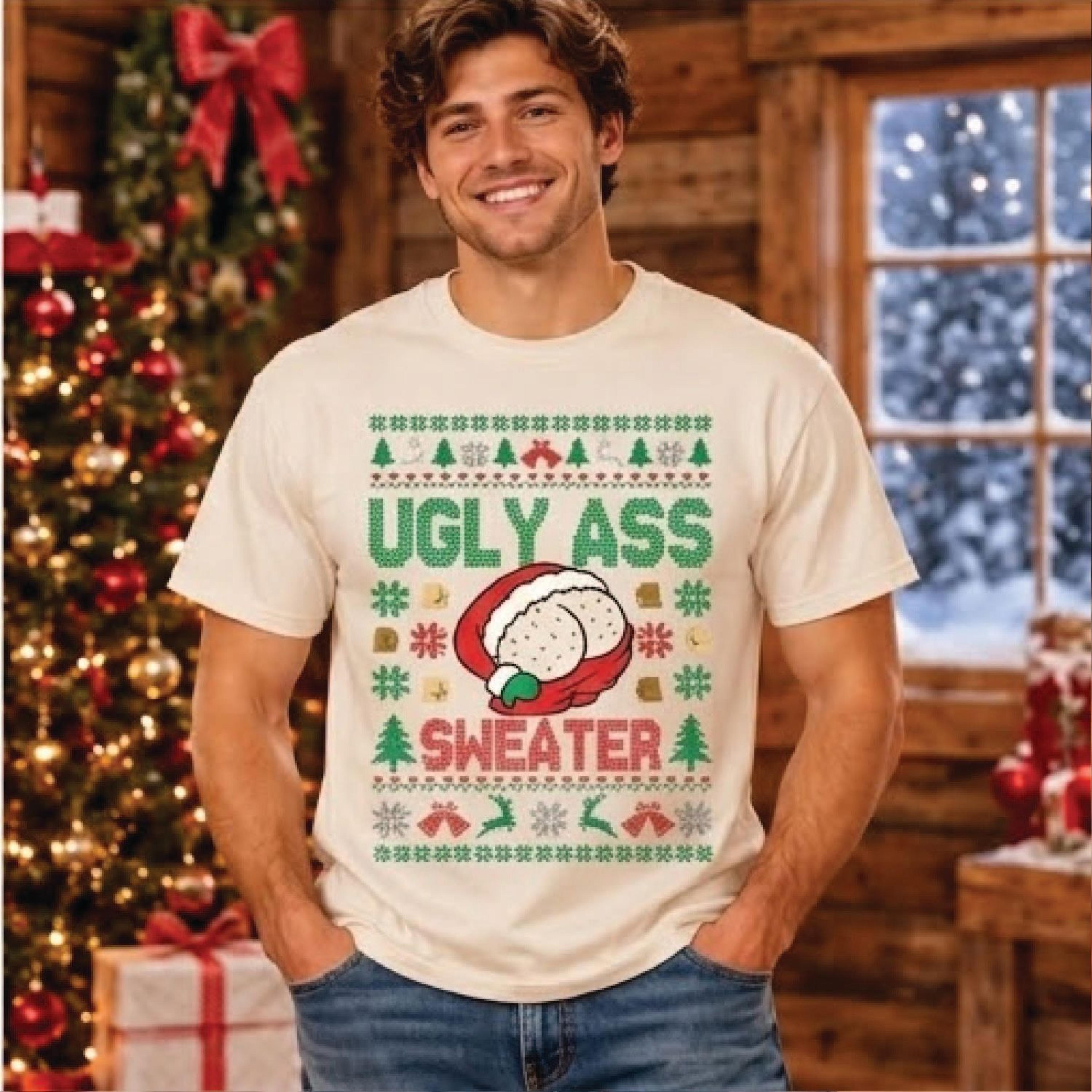 ugly ass sweater funny christmas t-shirt and sweatshirt, naughty santa butt graphic, ugly xmas party outfit, holiday