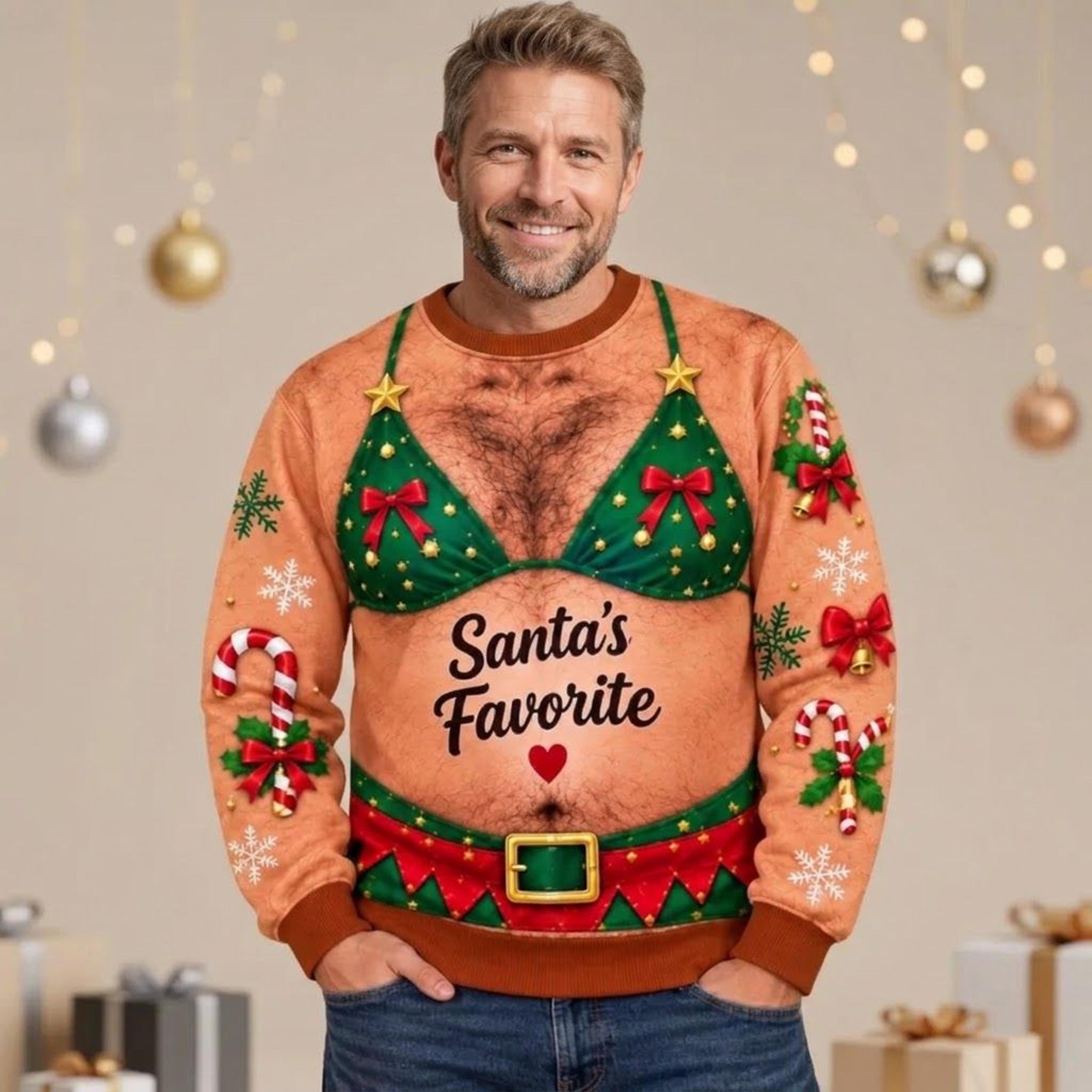 santa's favorite funny christmas sweatshirt for men, naughty elf bikini body illusion ugly xmas sweater, holiday party
