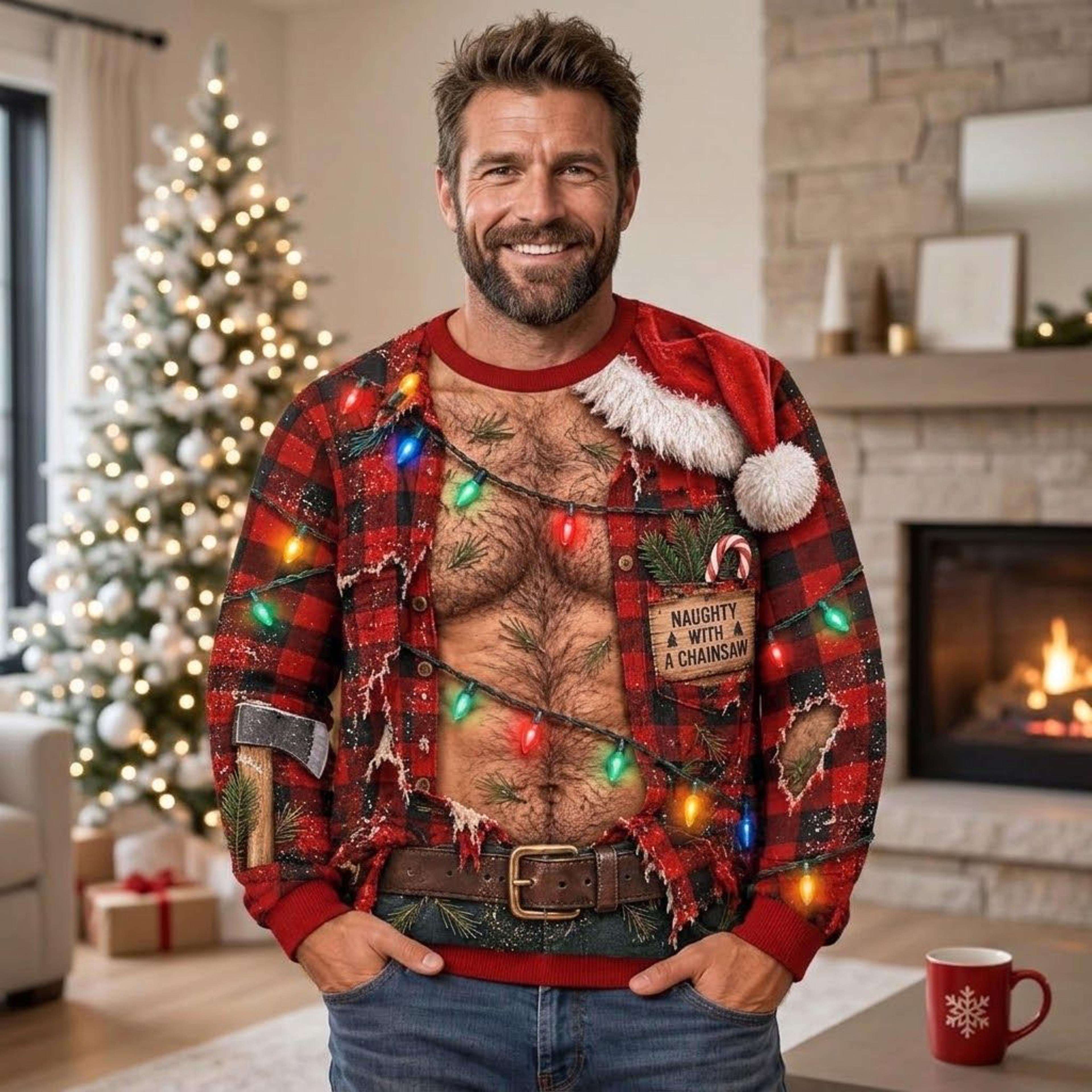 funny lumberjack christmas sweatshirt for men, naughty with a chainsaw ugly xmas sweater, hairy chest illusion holiday