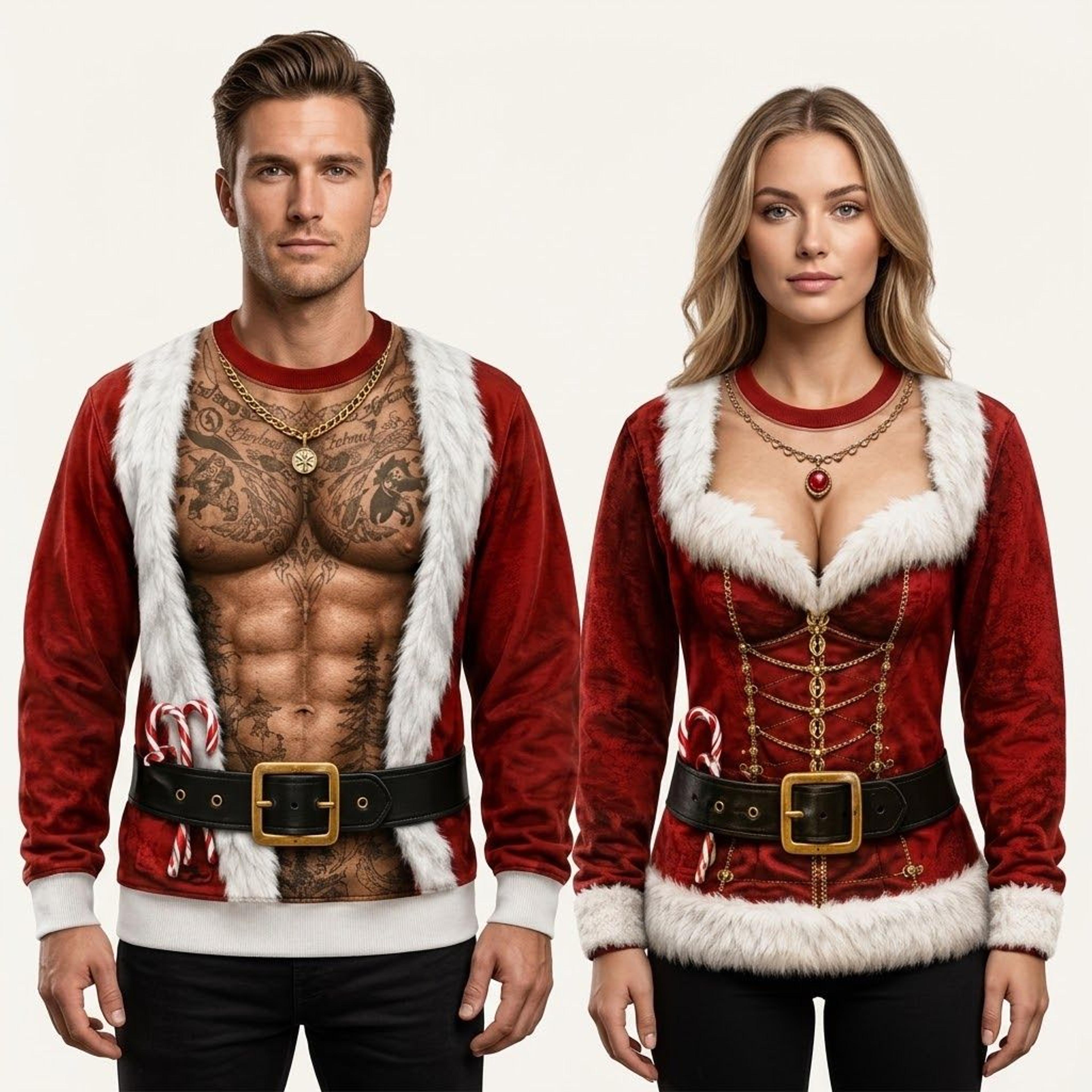 funny matching christmas couple sweatshirts, santa and mrs claus costume illusion sweater, tattooed santa holiday party