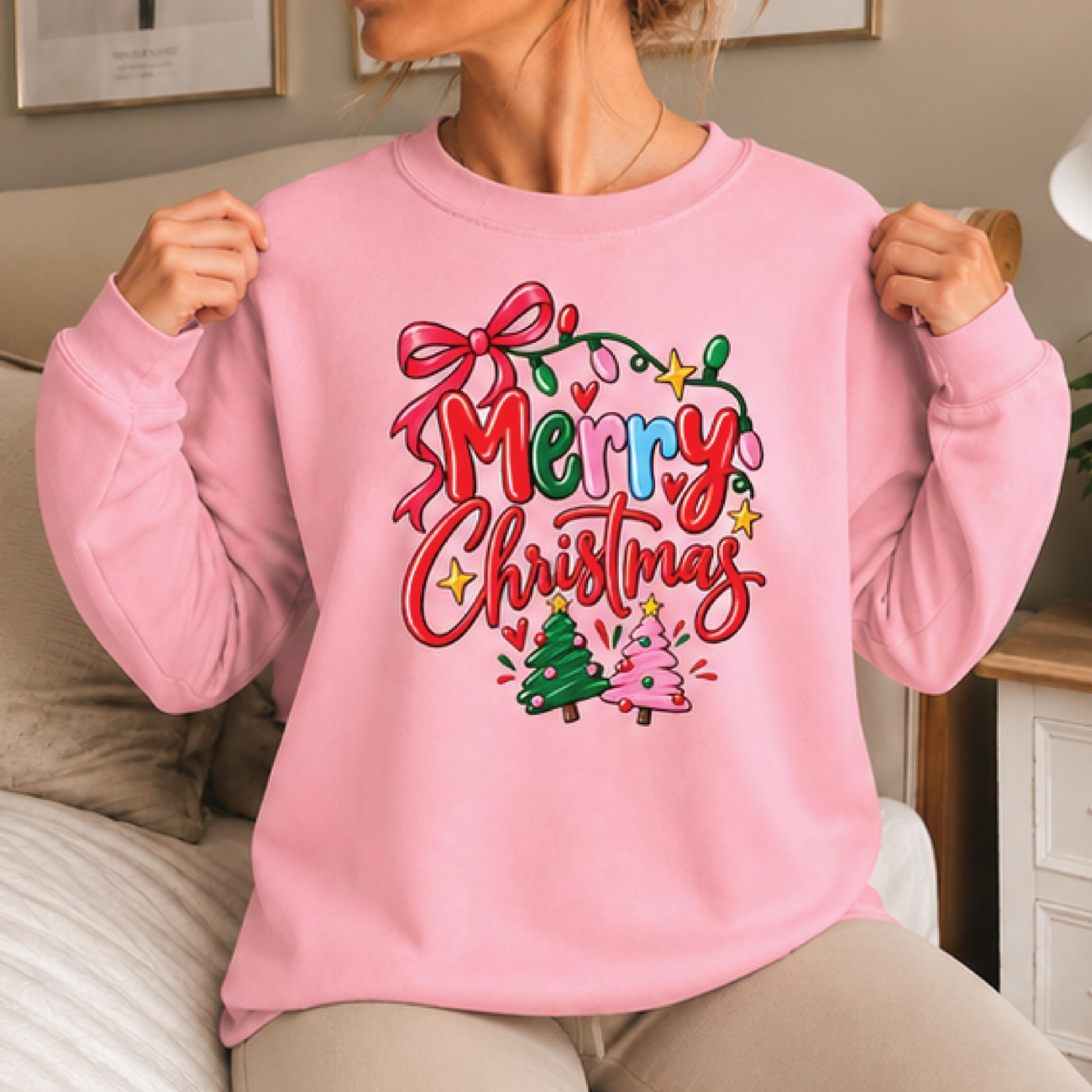merry christmas sweatshirt, cute christmas tree graphic crewneck, festive holiday bow sweater, cozy xmas gift for women