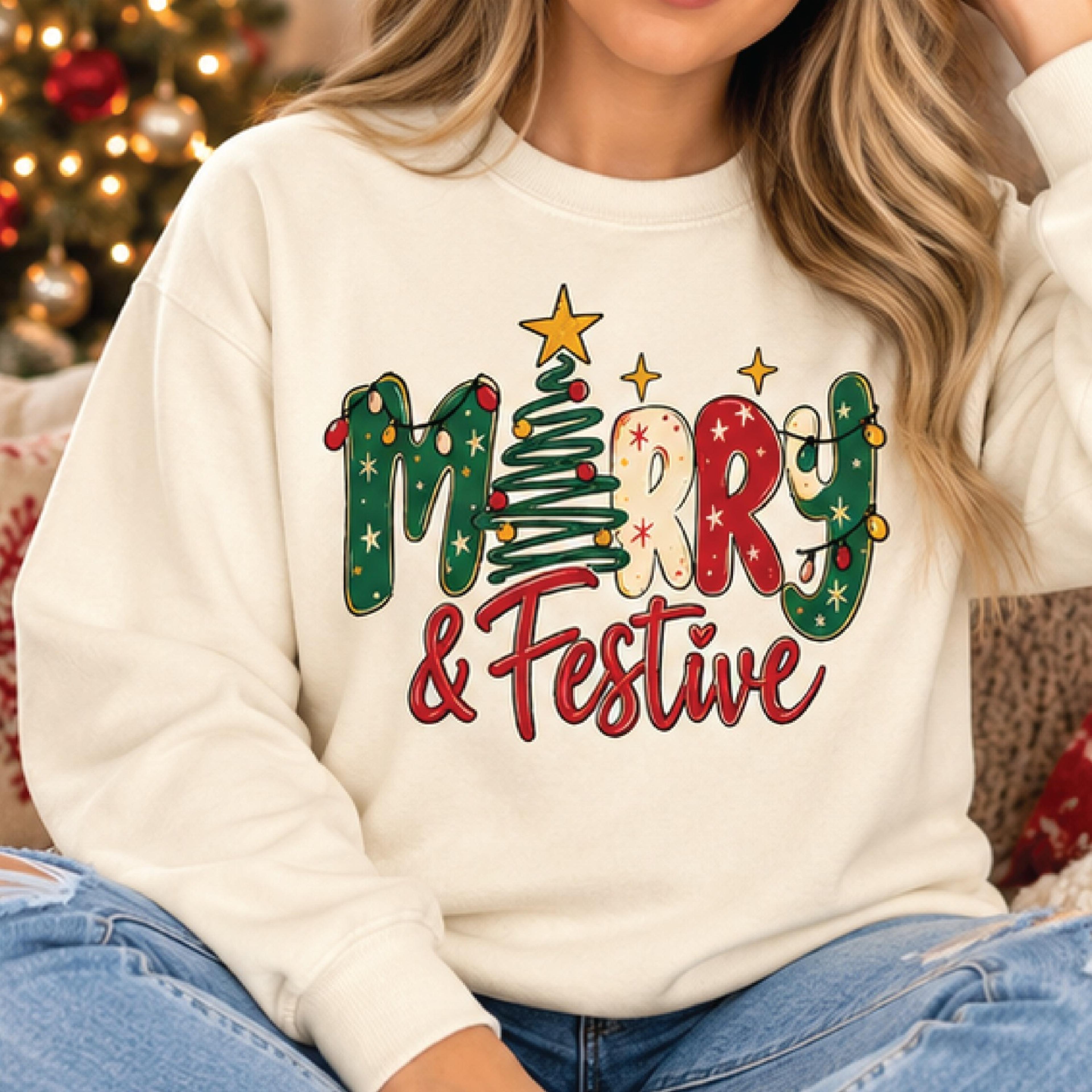 merry and festive christmas sweatshirt, cute holiday tree graphic crewneck, christmas lights sweater, cozy xmas gift
