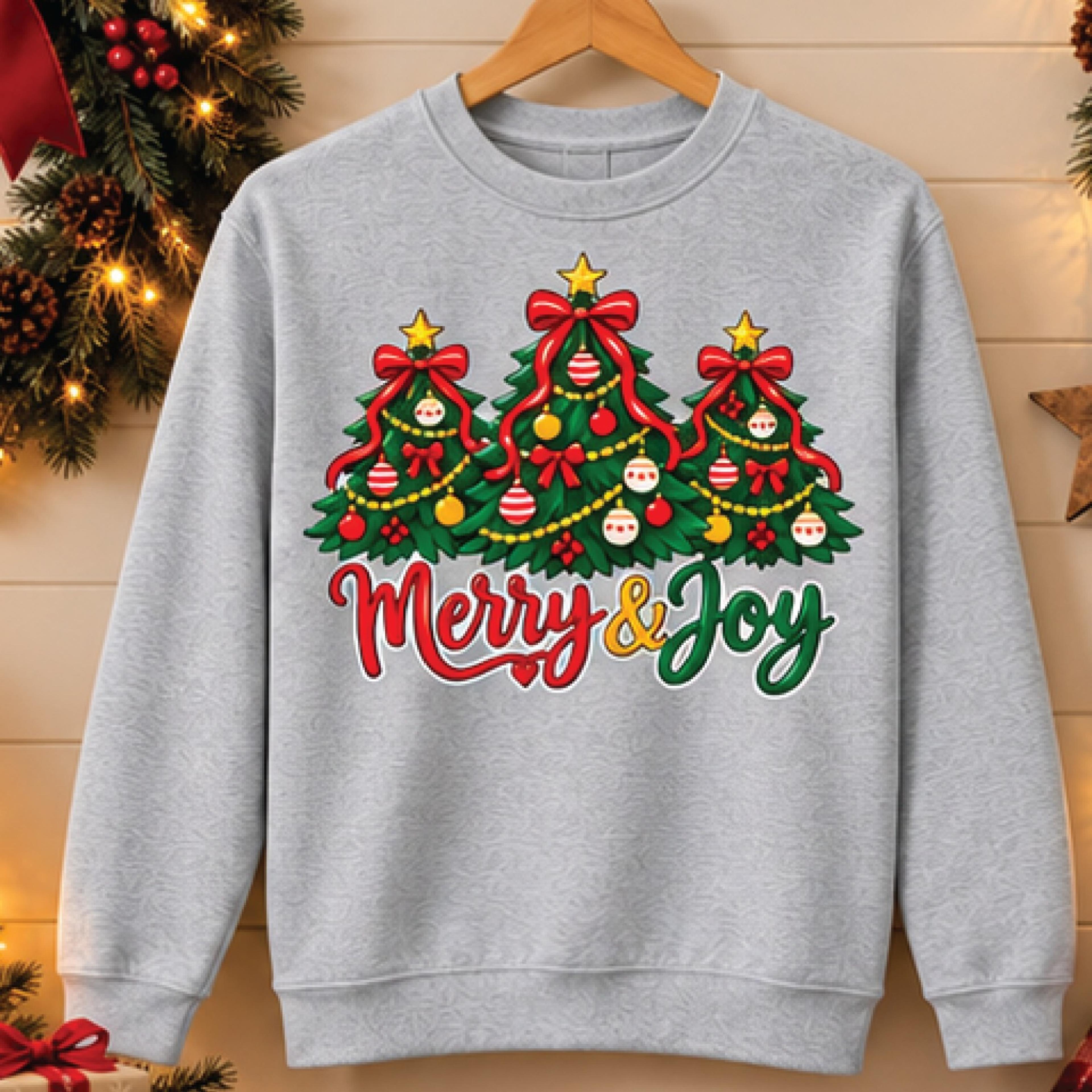 merry and joy christmas sweatshirt, three christmas trees graphic crewneck, festive holiday bow sweater, cute xmas gift
