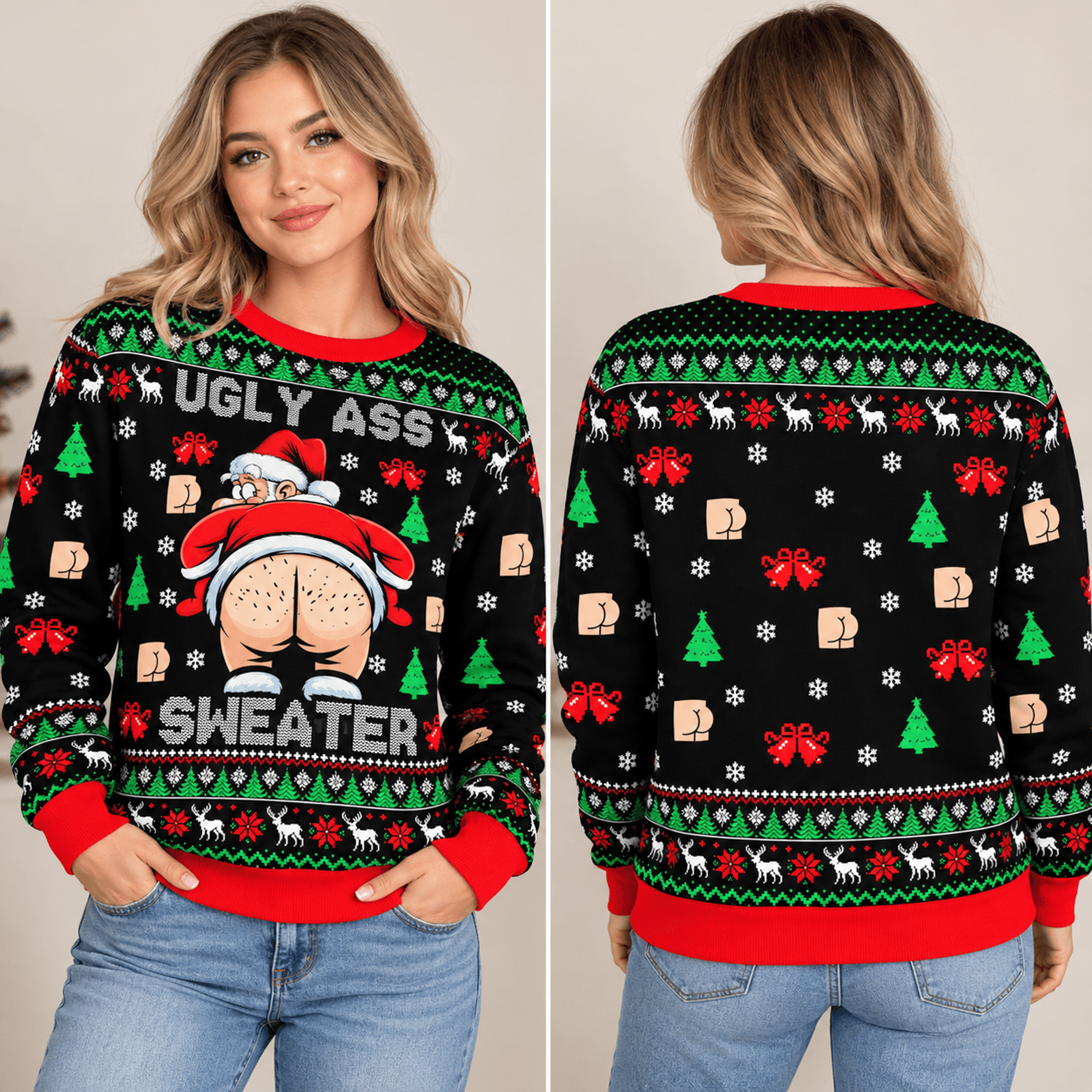 funny ugly christmas sweater for adults, ugly ass sweater santa butt holiday sweatshirt, rude xmas party gift for men