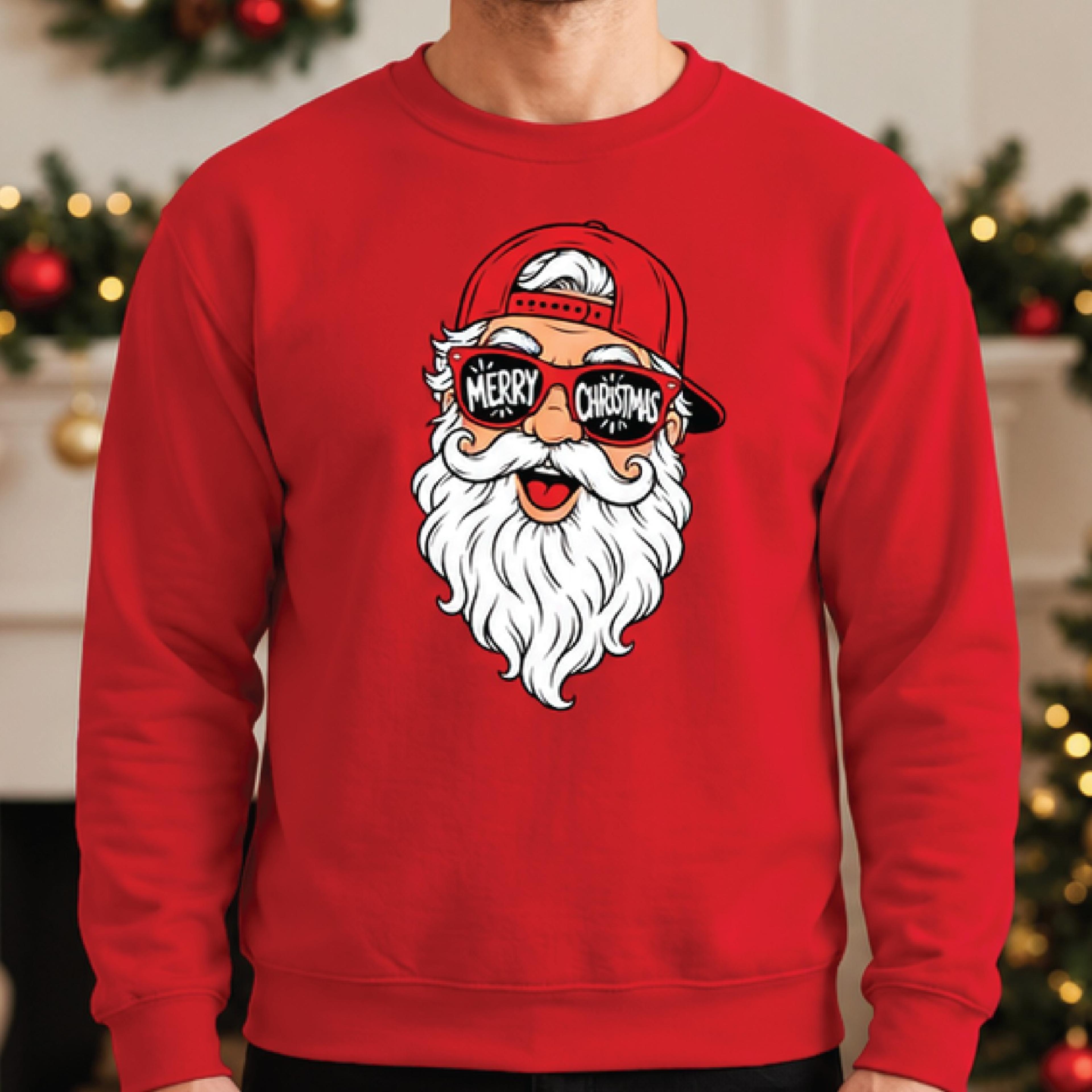 cool santa claus christmas sweatshirt, funny santa sunglasses graphic sweater, hipster santa holiday pullover, christmas