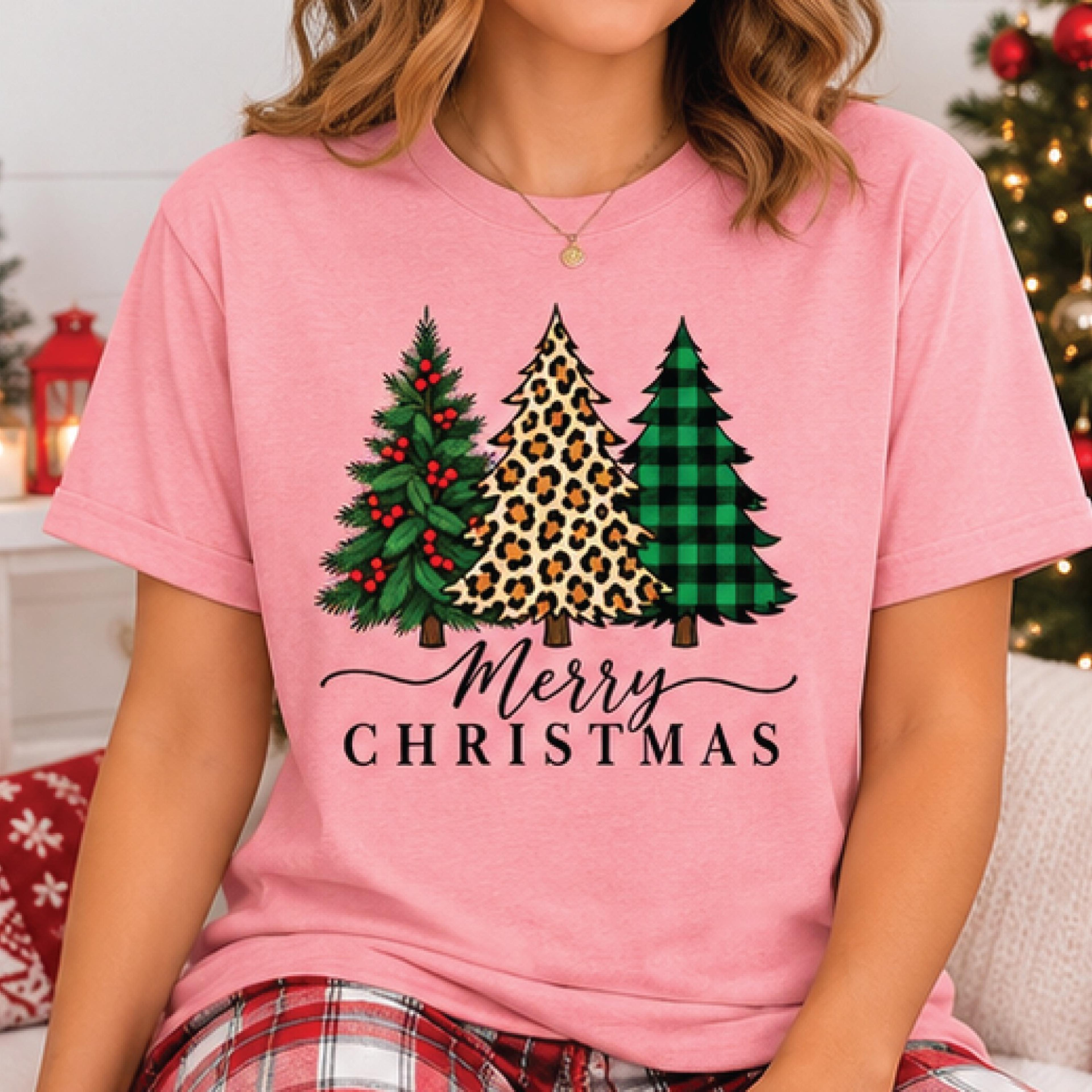 merry christmas three trees shirt, leopard print christmas tree graphic tee, buffalo plaid holiday t-shirt, festive gift