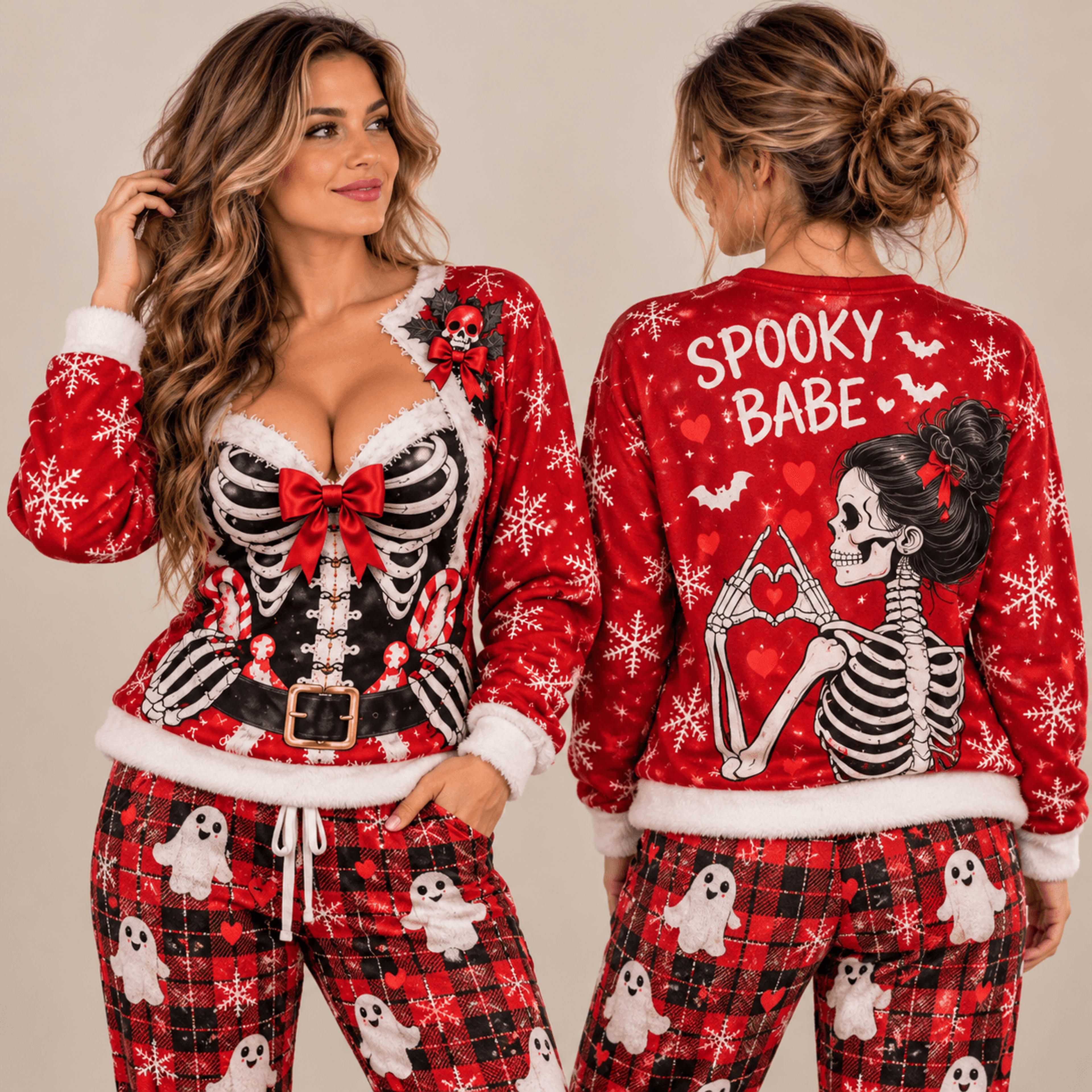 spooky babe christmas sweatshirt for women, skeleton santa illusion graphic, funny gothic holiday sweatshirt gift