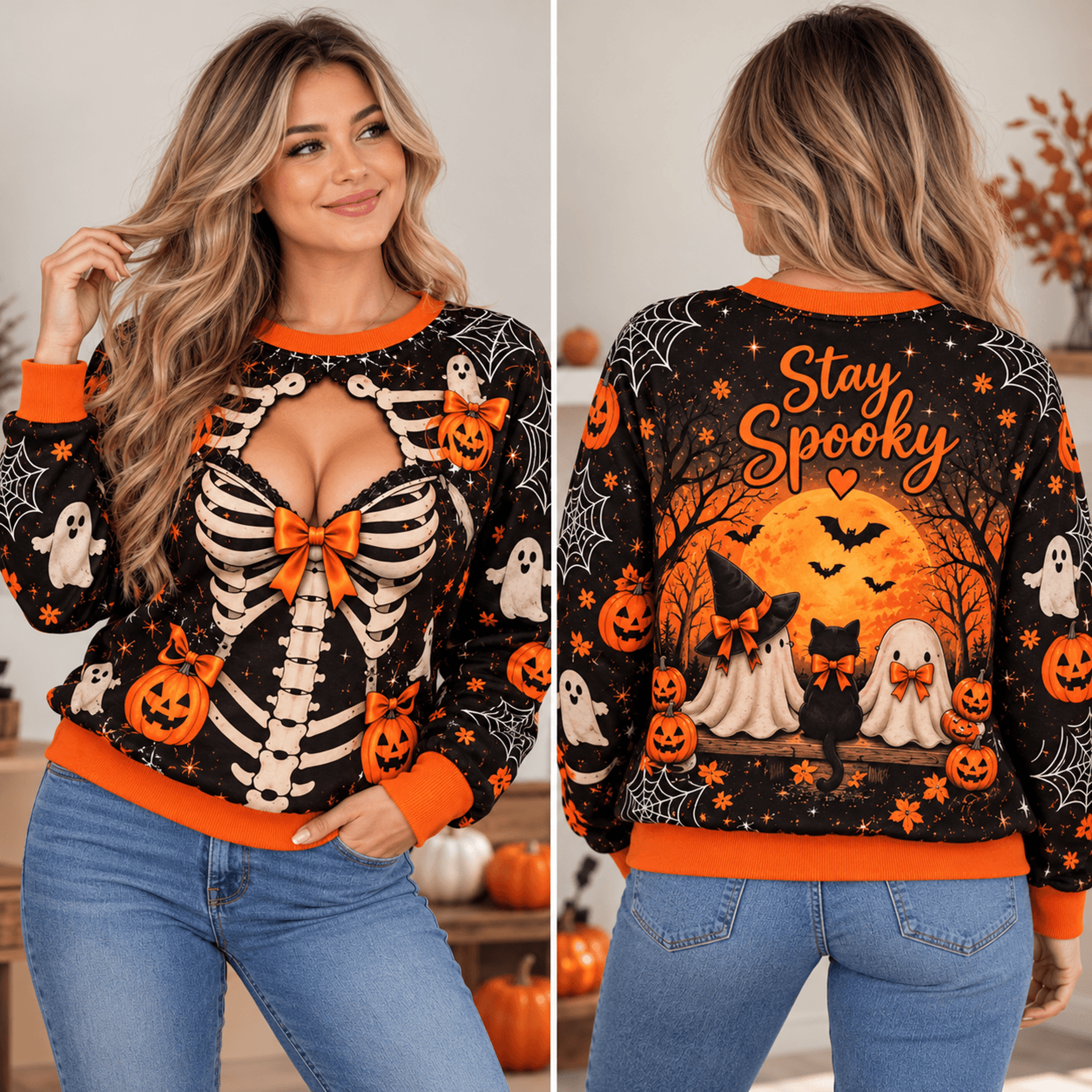 stay spooky halloween sweatshirt for women, cute ghost skeleton illusion sweatshirt, pumpkin witchy halloween gift
