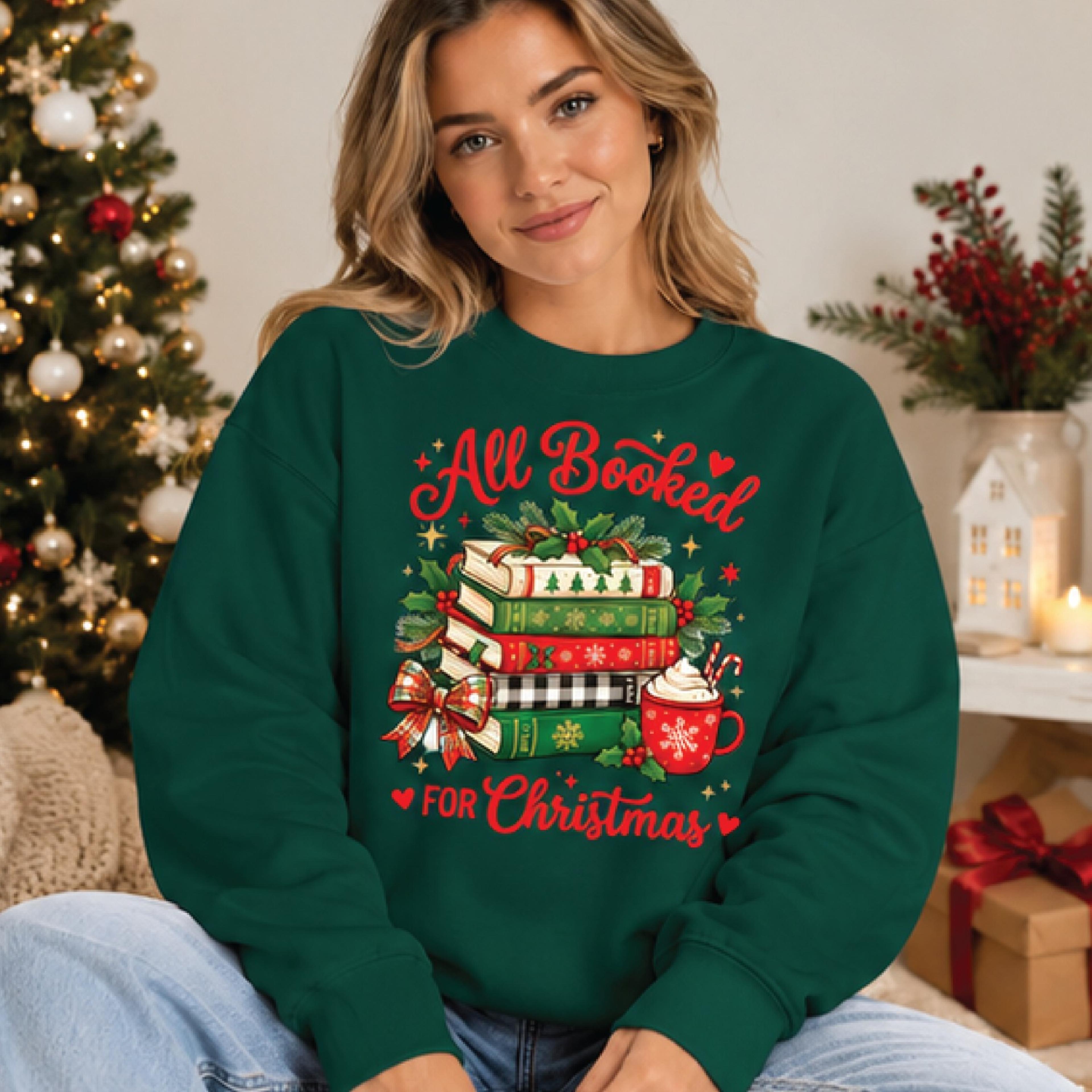 all booked for christmas sweatshirt, christmas book lover sweatshirt, festive reading graphic pullover, cozy holiday