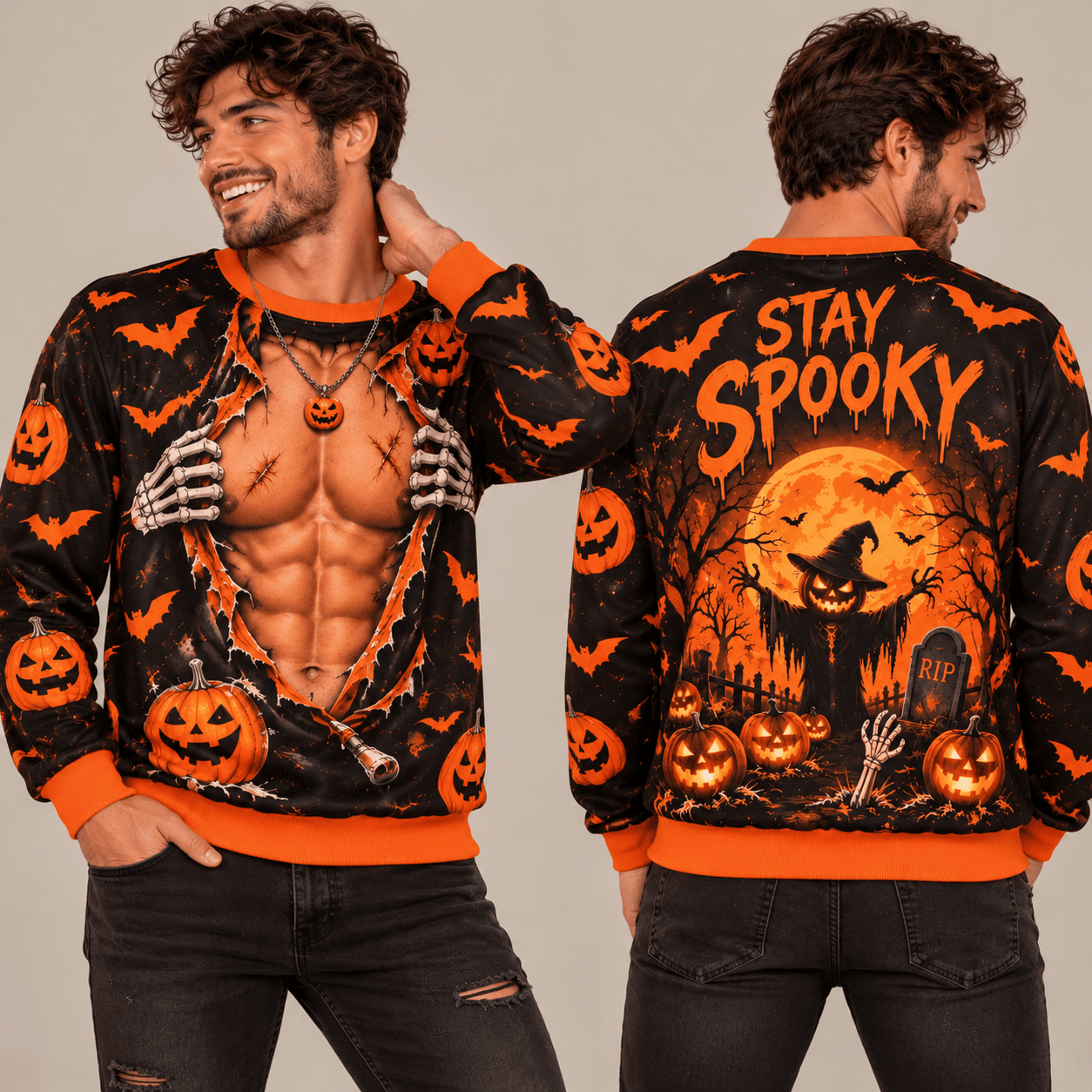 stay spooky halloween sweatshirt for men, funny muscle illusion graphic, scary pumpkin graveyard halloween party