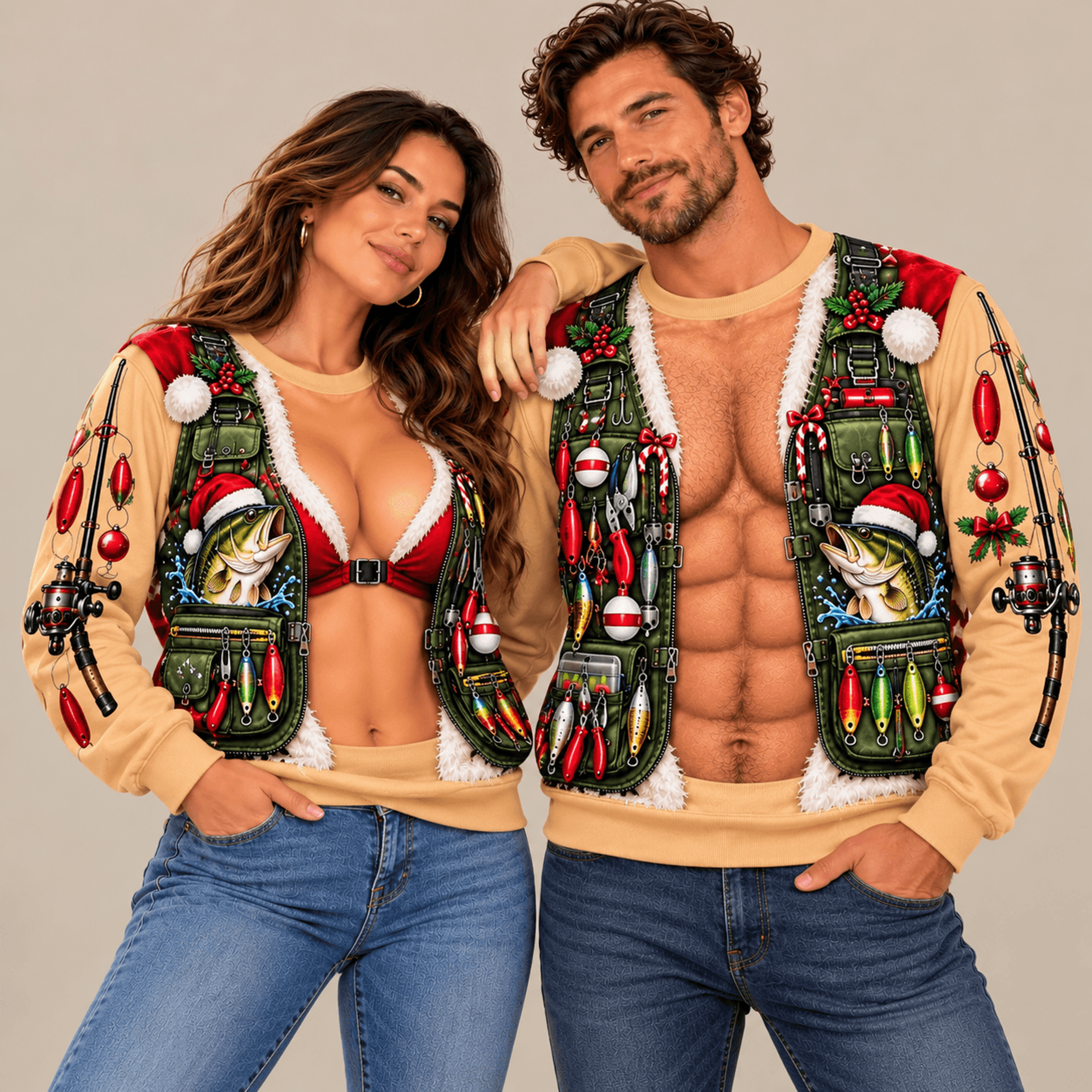 funny christmas fishing sweatshirt, unisex santa bass fishing vest illusion, fisherman holiday gift, matching couples