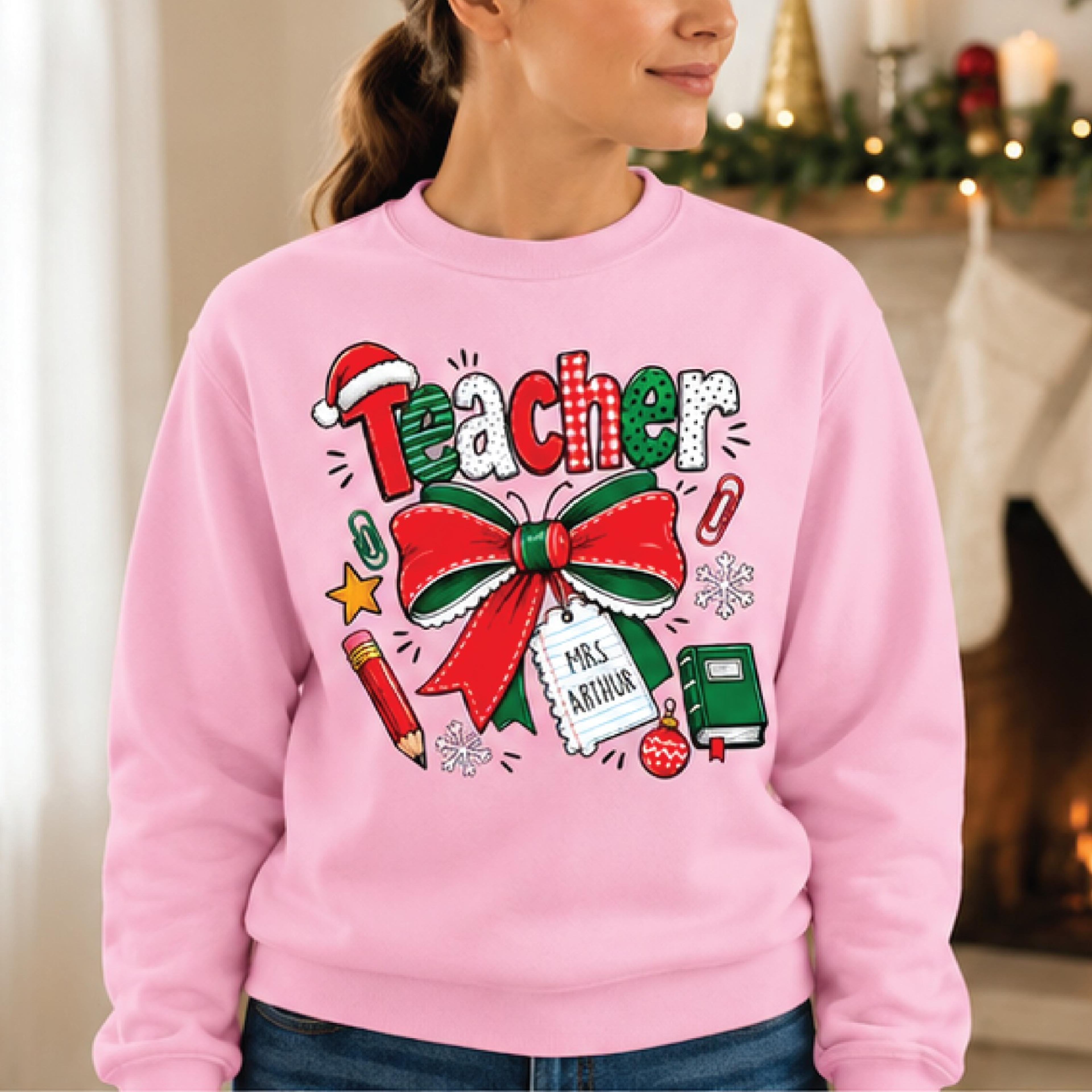 teacher christmas sweatshirt, festive teacher bow graphic crewneck, cute holiday school design, unisex teacher christmas