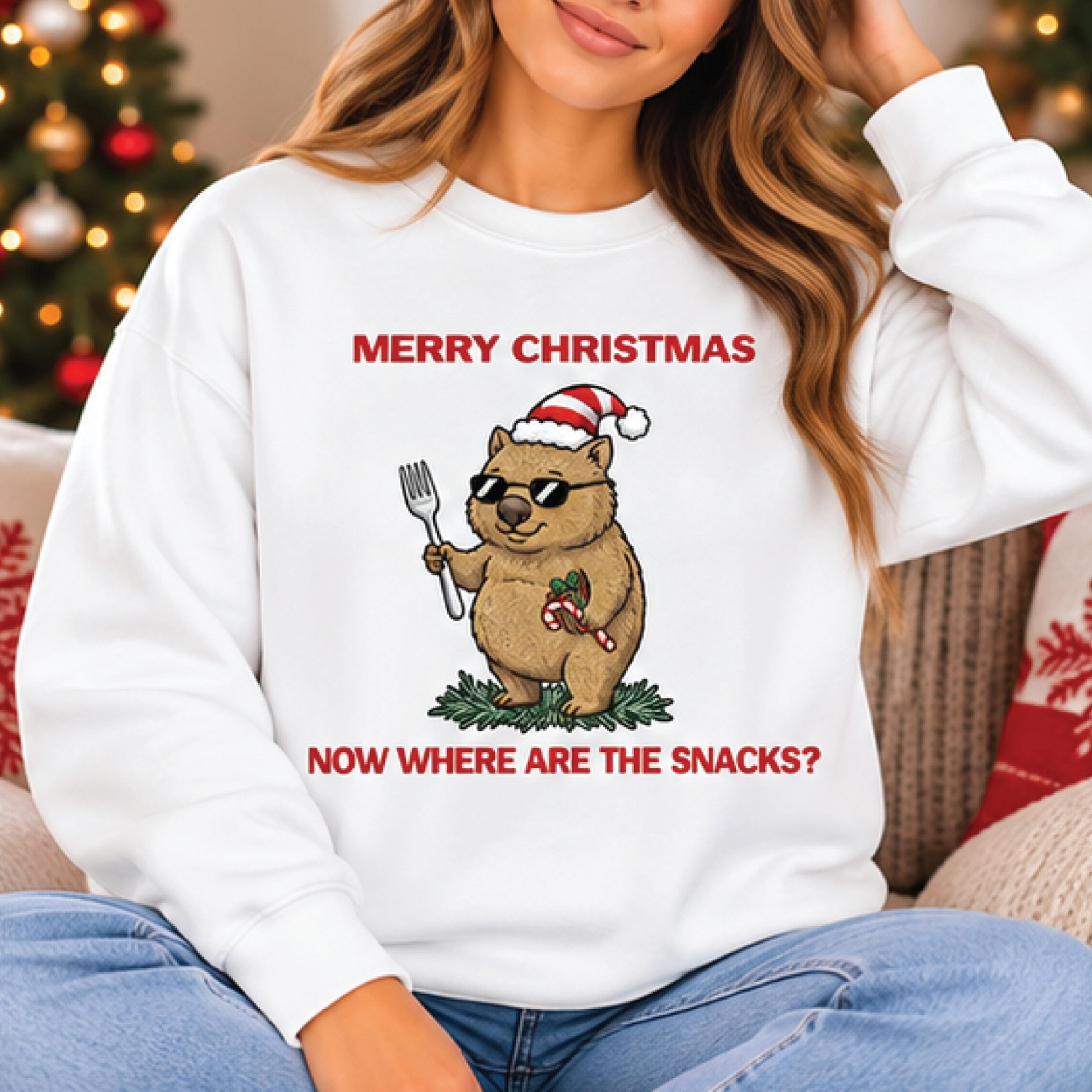 funny christmas wombat sweatshirt, merry christmas now where are the snacks, cute santa wombat holiday gift, unisex