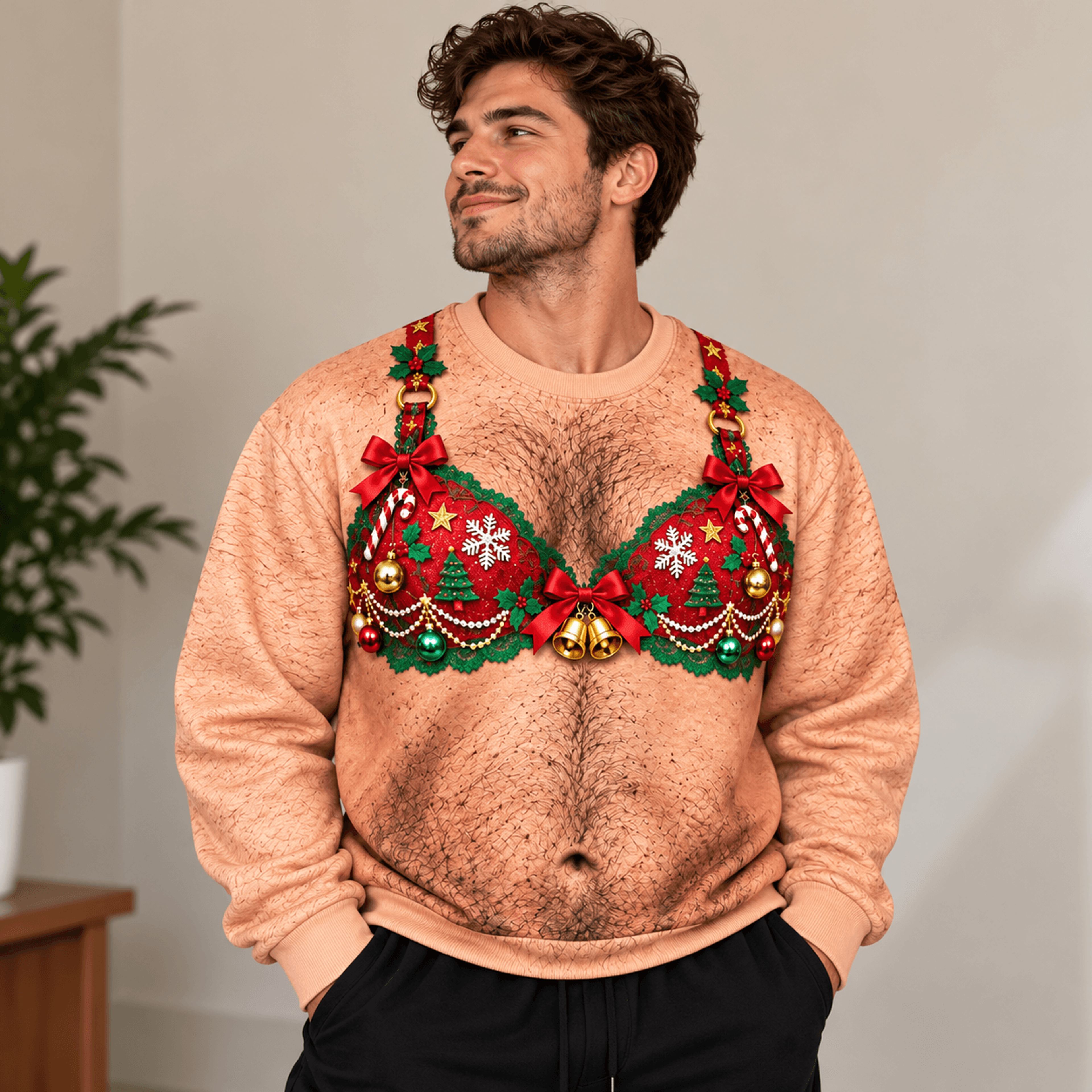 funny christmas bra unisex sweatshirt, hairy chest illusion graphic sweatshirt, naughty ugly christmas party gift for