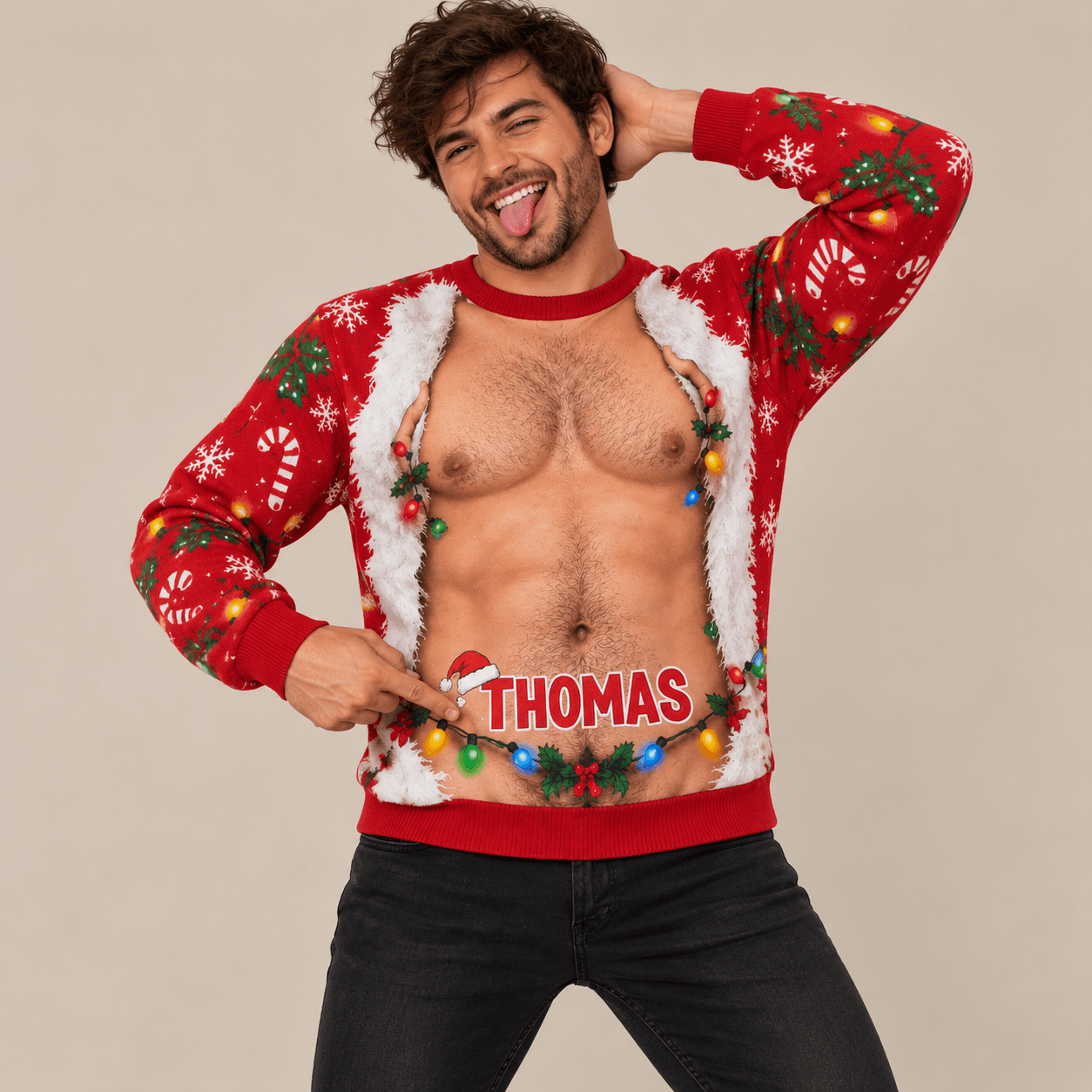 personalized funny christmas unisex sweatshirt, custom name hairy chest santa illusion sweatshirt, naughty adult xmas