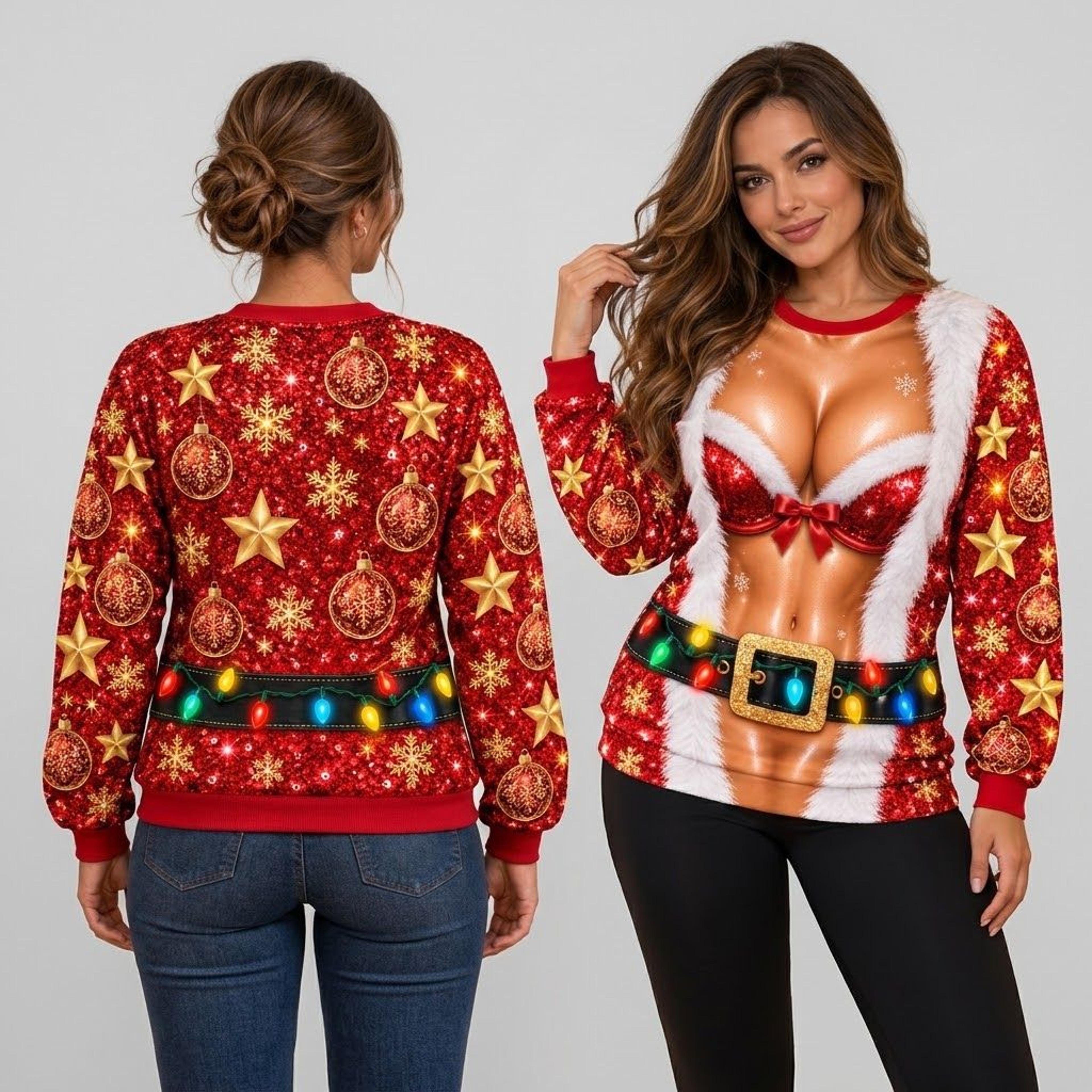 funny santa girl christmas unisex sweatshirt, sexy santa costume illusion print, ugly christmas party sweatshirt