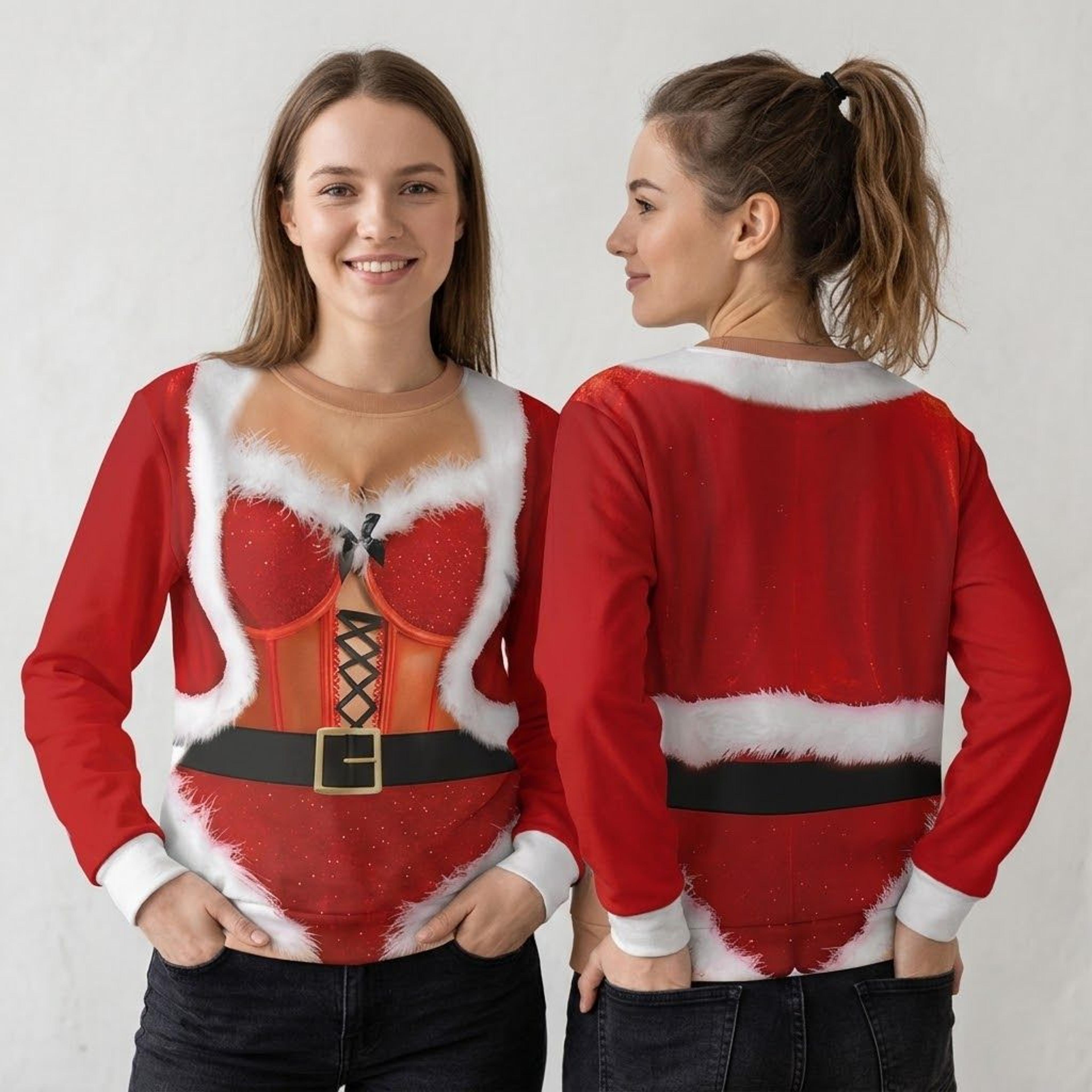sexy mrs claus costume illusion unisex sweatshirt, funny christmas santa corset print, ugly xmas party sweatshirt