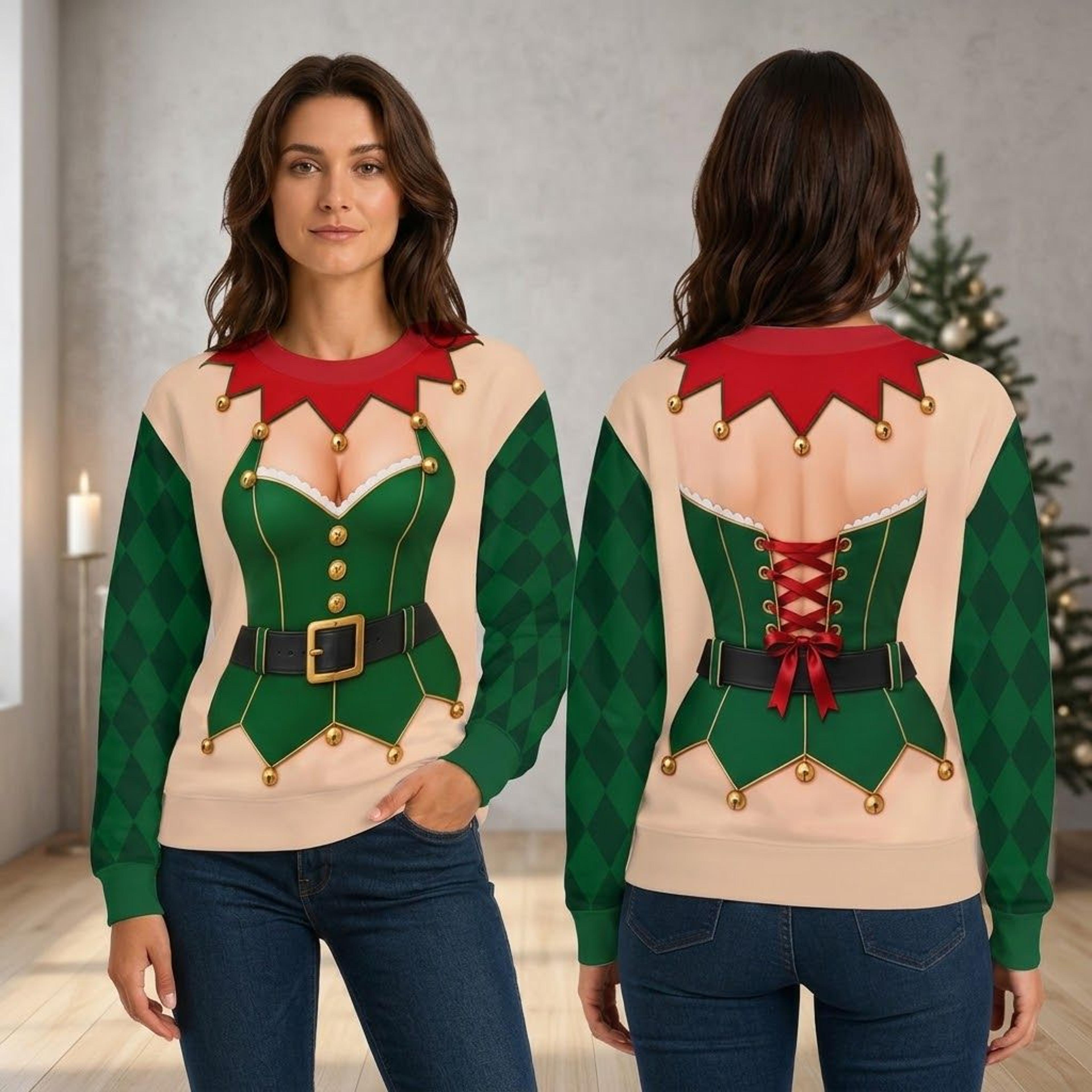 christmas elf costume illusion unisex sweatshirt, funny holiday elf corset print, ugly christmas party sweatshirt, xmas