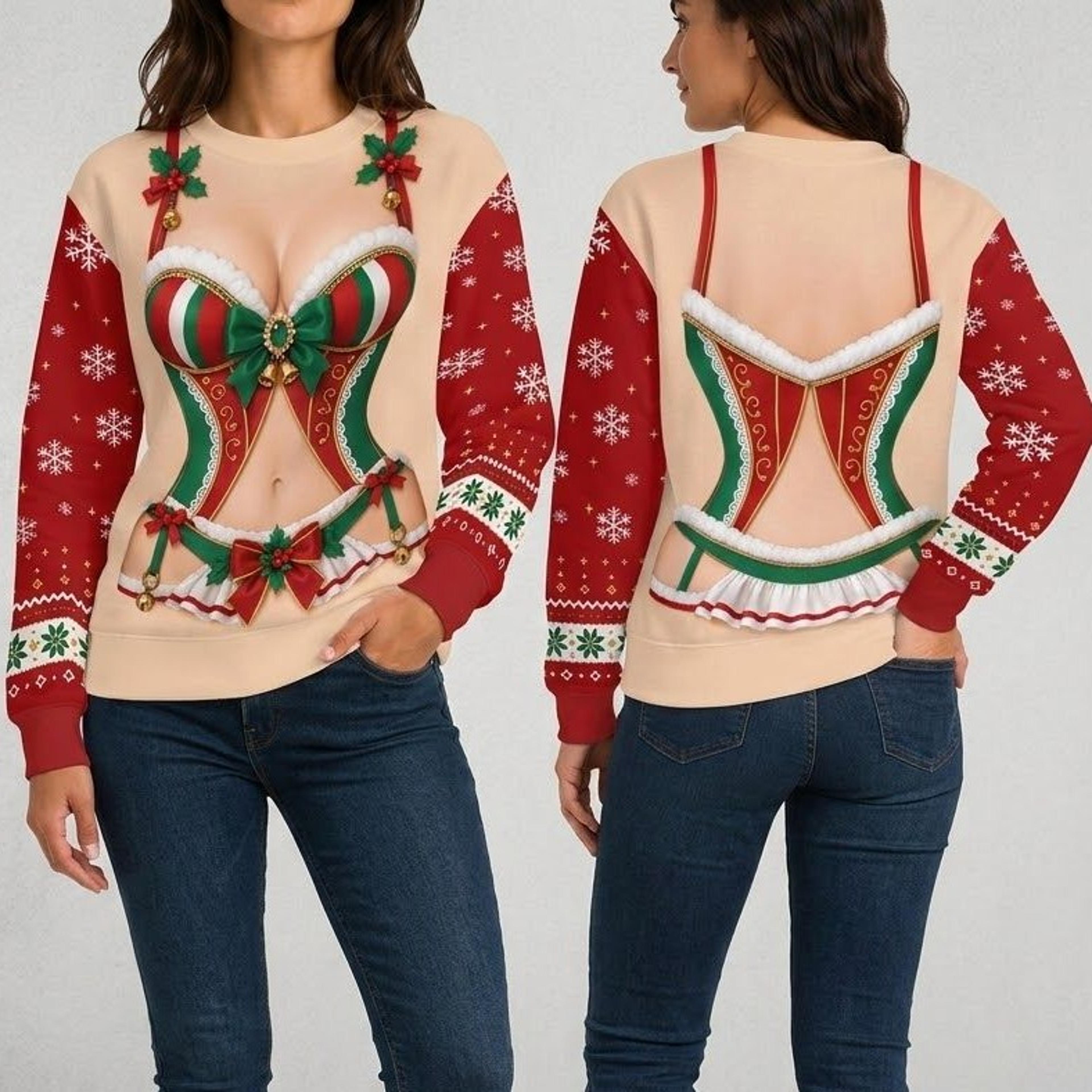 funny christmas corset illusion unisex sweatshirt, sexy holiday lingerie print, ugly xmas party sweatshirt, festive gift