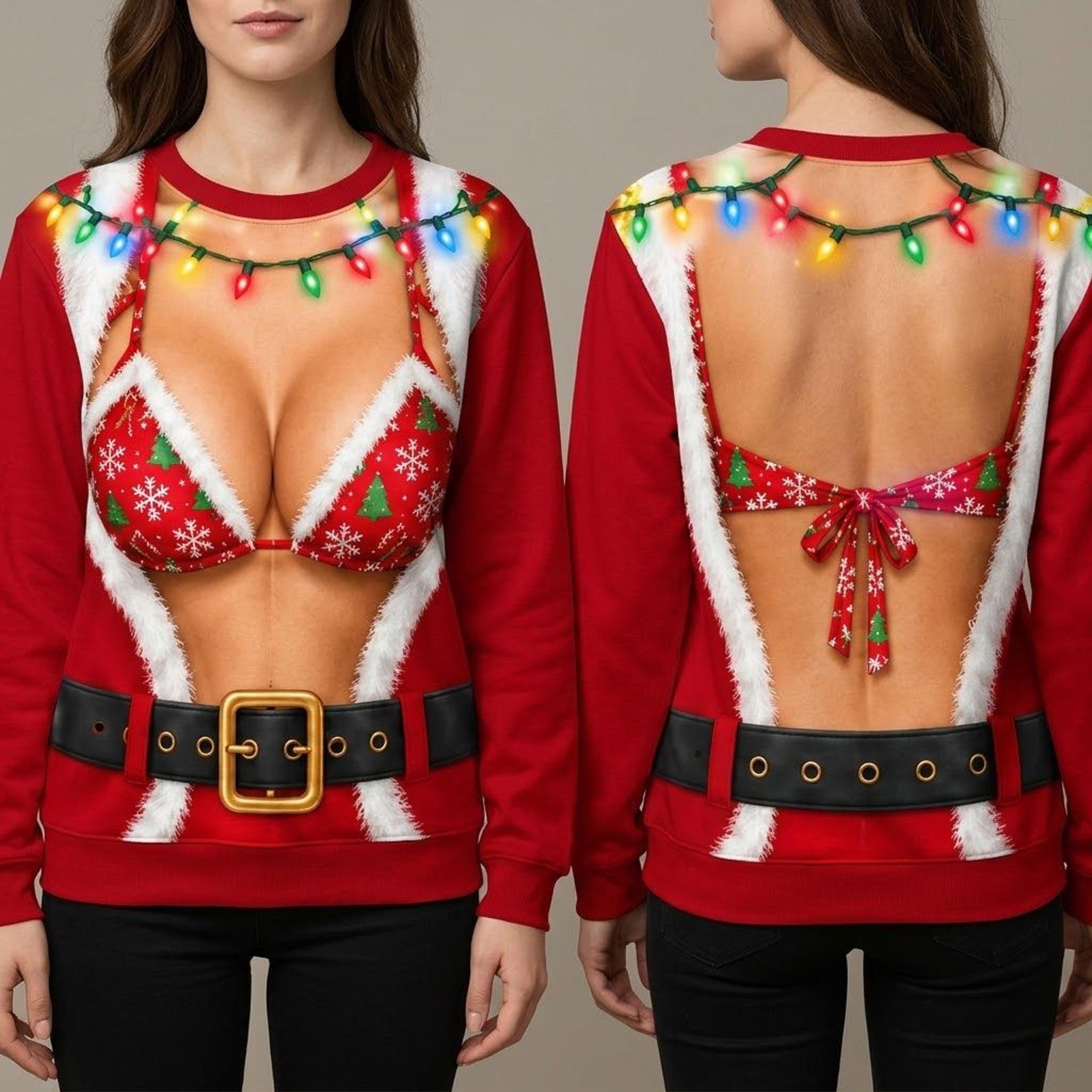 funny santa bikini illusion unisex christmas sweatshirt, holiday lights and santa belt print, ugly xmas party outfit