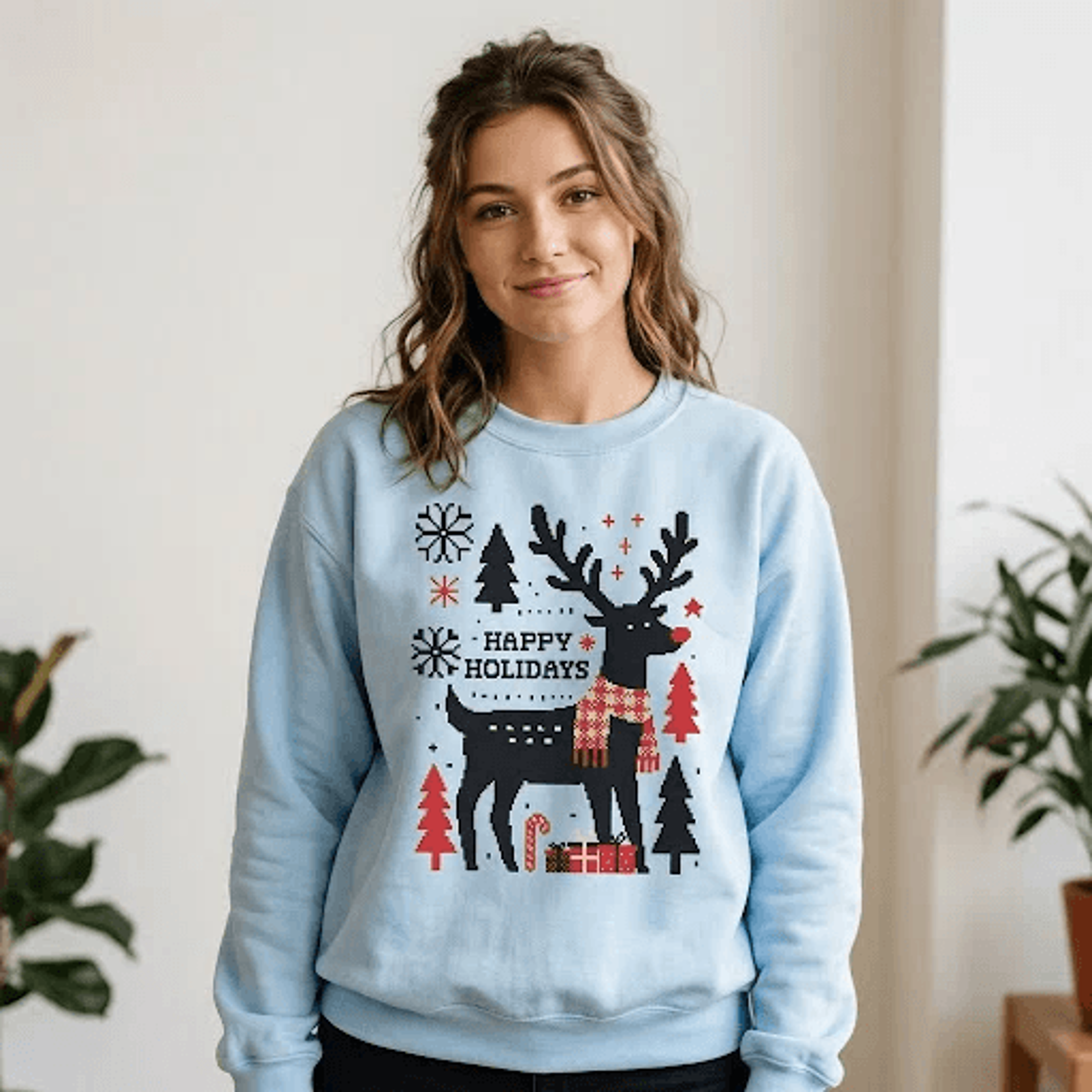 happy holidays reindeer sweatshirt, festive deer christmas tree graphic crewneck, cute winter holiday gift, unisex sweat