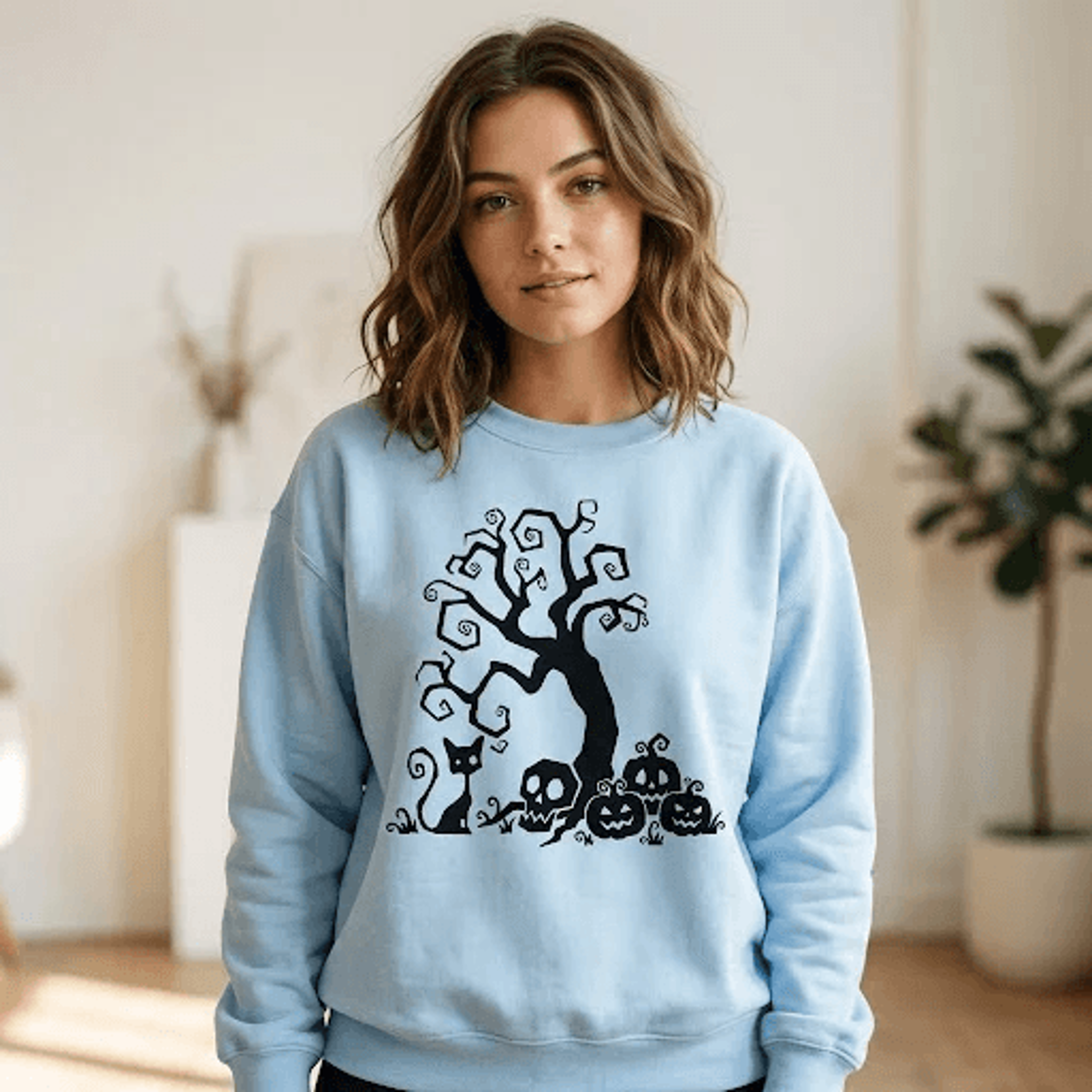 spooky halloween tree sweatshirt, gothic twisted tree skull and jack o lantern graphic crewneck, unisex halloween