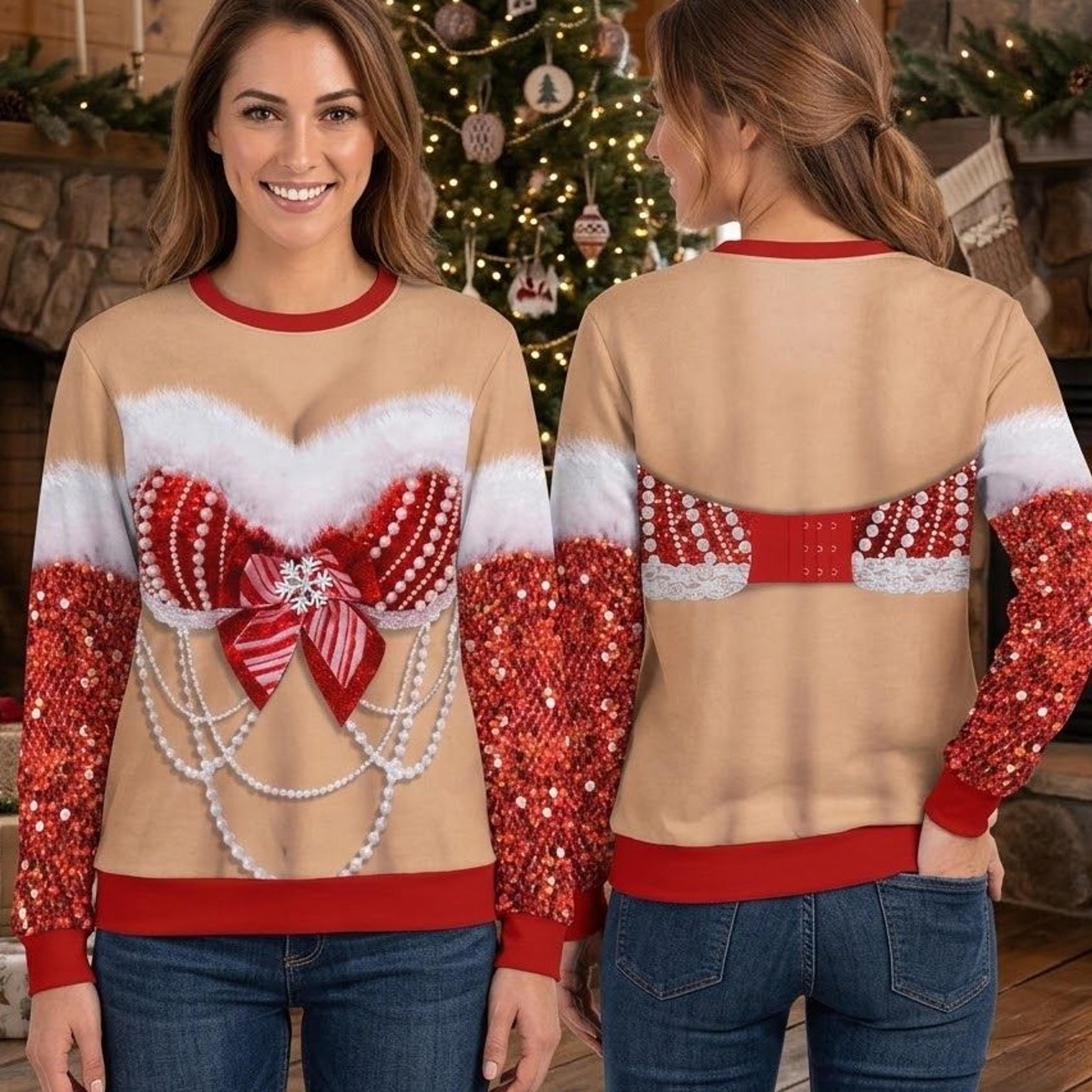 sexy christmas corset sweatshirt, faux sequin bustier print, funny ugly christmas sweater, festive holiday party gift