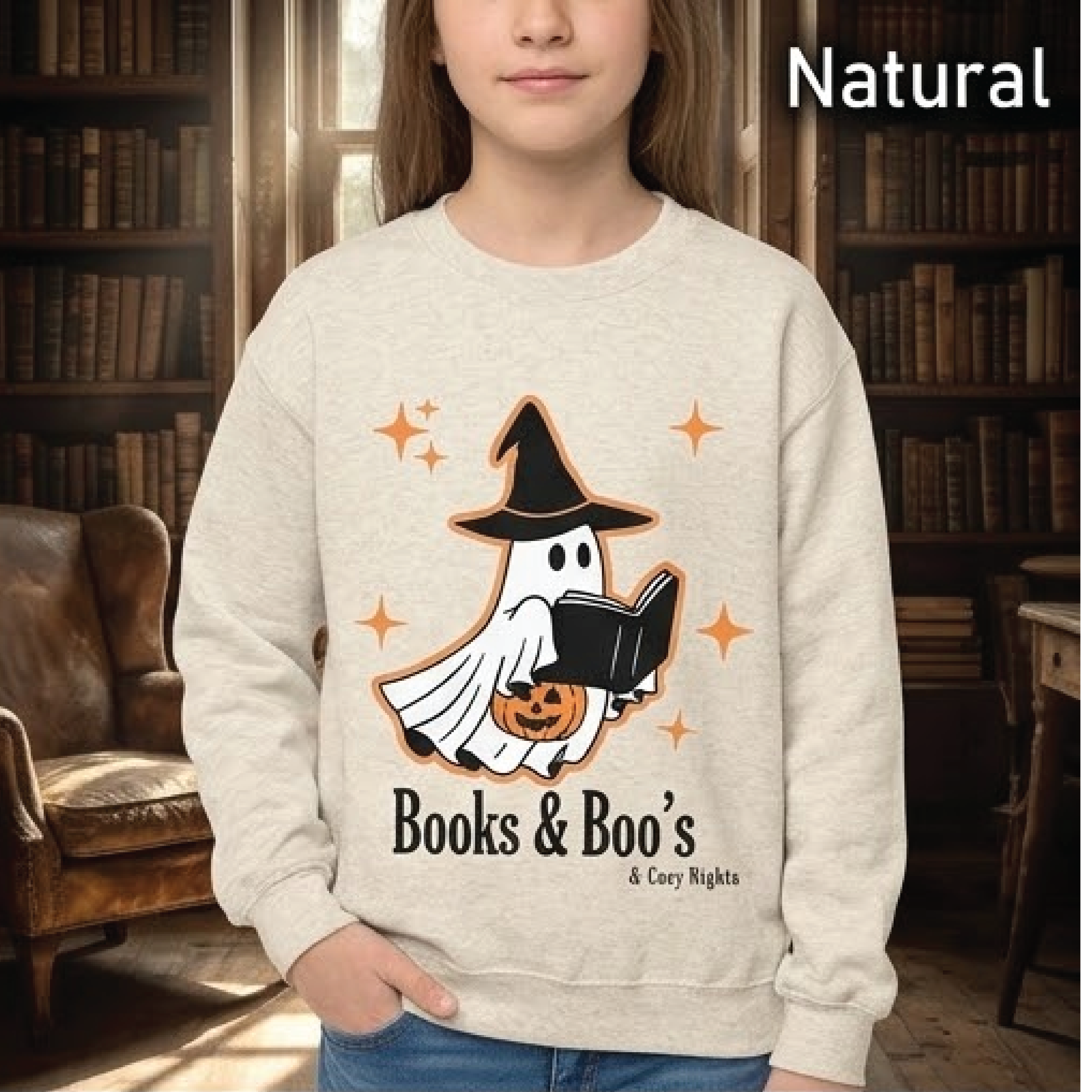 books and boos halloween sweatshirt, cute reading ghost witch hat graphic crewneck, spooky book lover gift, unisex fall