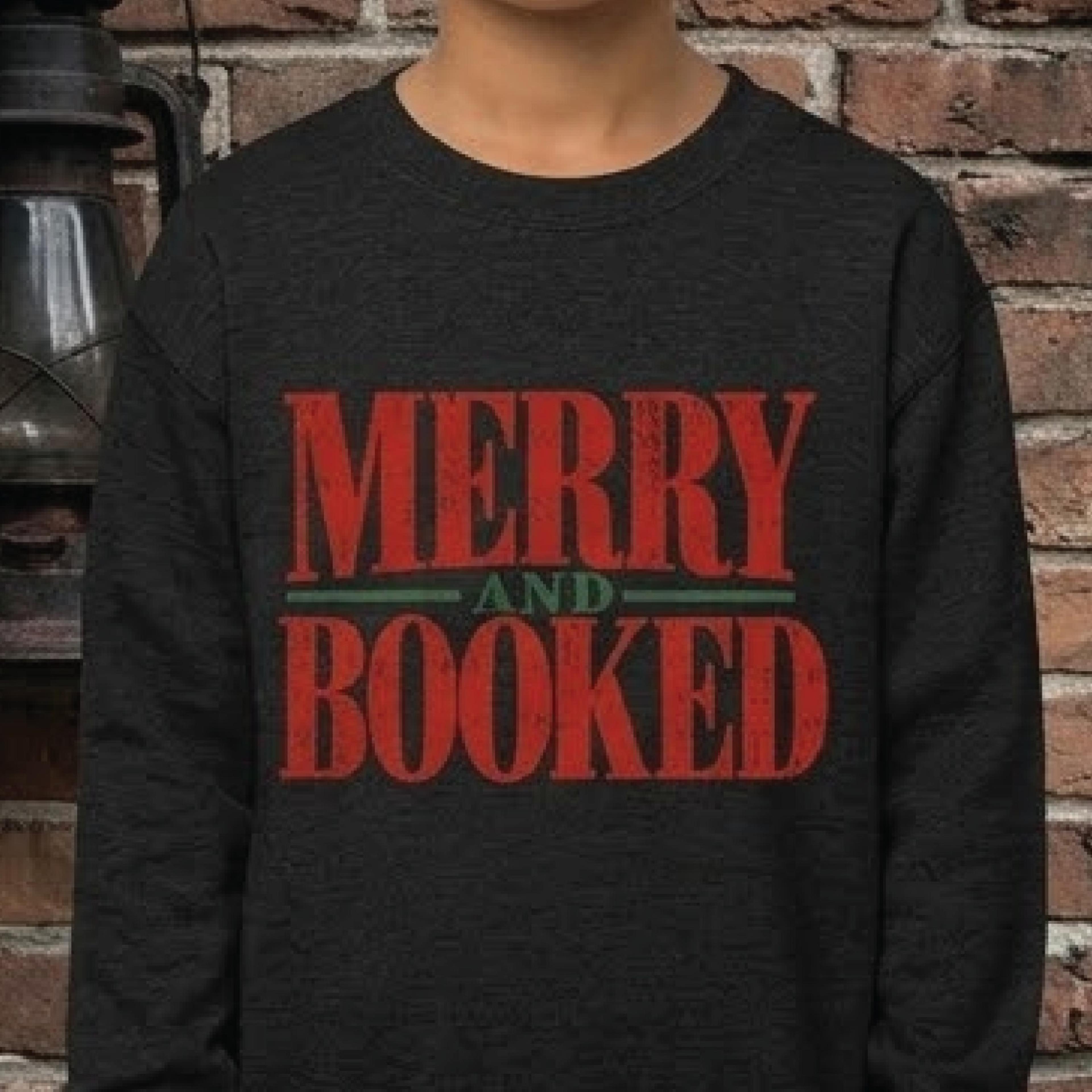 merry and booked christmas sweatshirt, funny book lover holiday crewneck, reading christmas gift, unisex bookworm