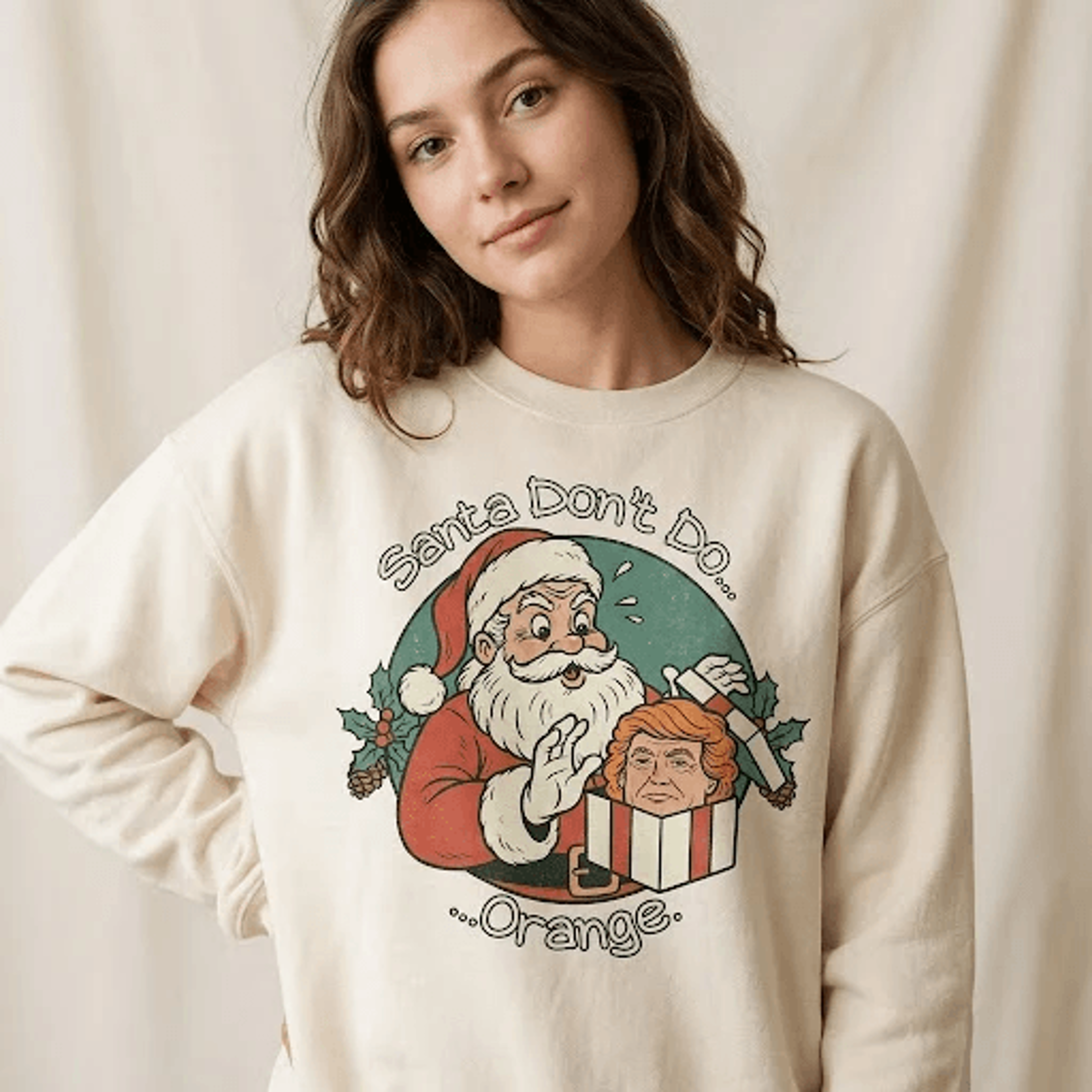 santa don't do orange christmas sweatshirt, funny political santa graphic, satirical holiday crewneck, unisex adult xmas