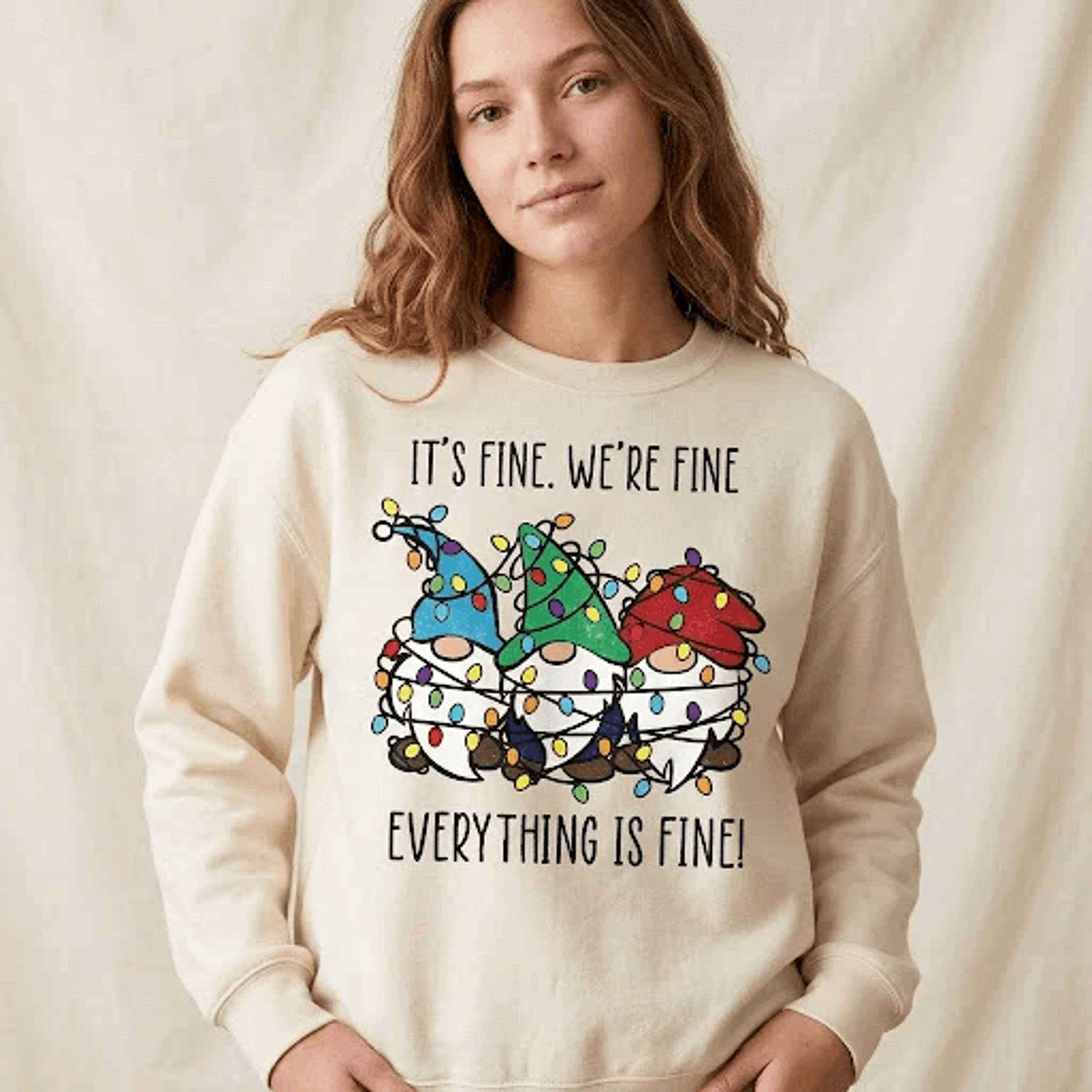 it's fine we're fine everything is fine christmas sweatshirt, funny christmas gnomes holiday crewneck, unisex xmas gift