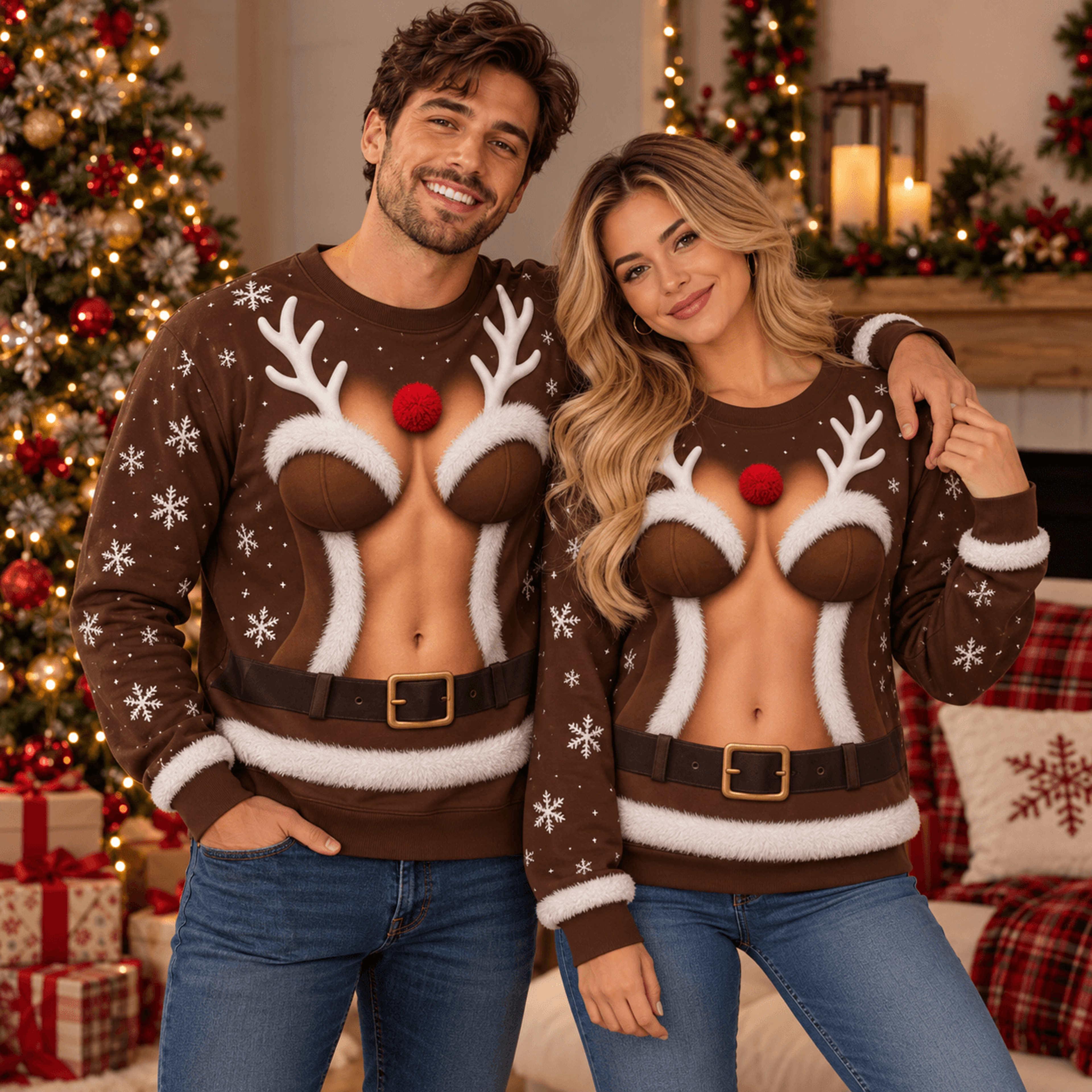 funny reindeer christmas sweatshirt, matching couples holiday sweatshirts, naughty santa outfit graphic, unisex xmas