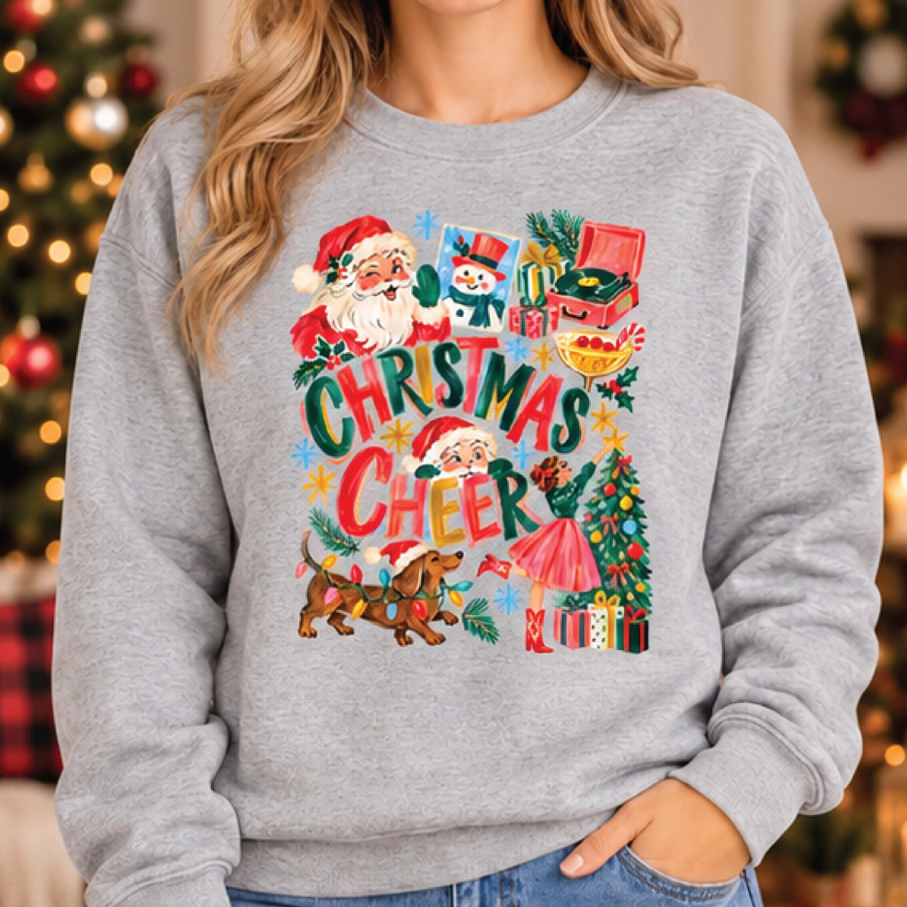 christmas cheer sweatshirt, retro santa holiday sweatshirt, vintage christmas graphic pullover, festive christmas gift