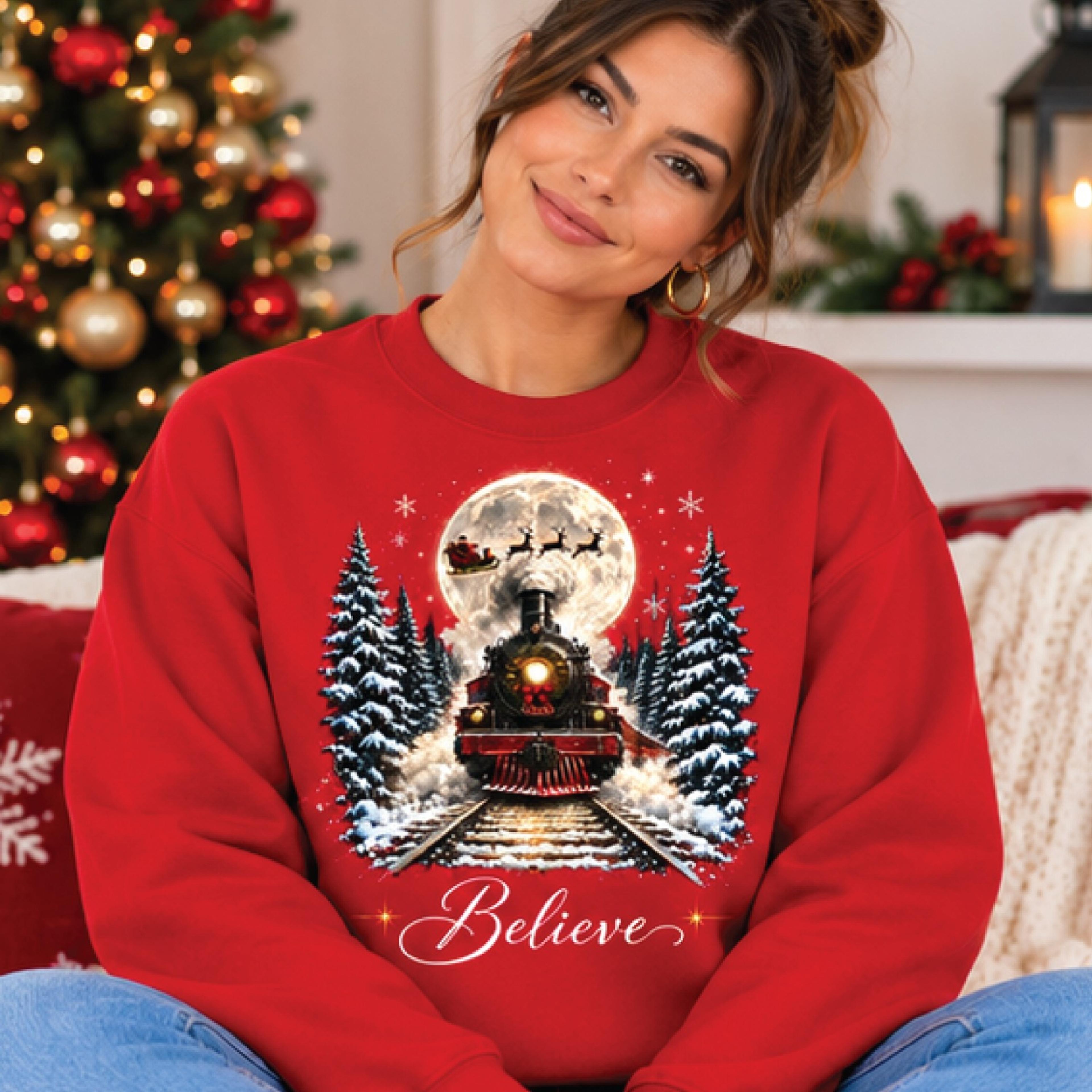 believe christmas train sweatshirt, vintage winter steam train graphic, santa sleigh moonlight holiday pullover, unisex